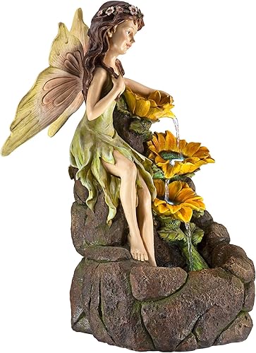 Miniatura 5 de Hada del jardín con girasoles de 26 pulgadas de alto, grande, moderna decoración para interiores y exteriores, fuente de suelo de piedra sintética