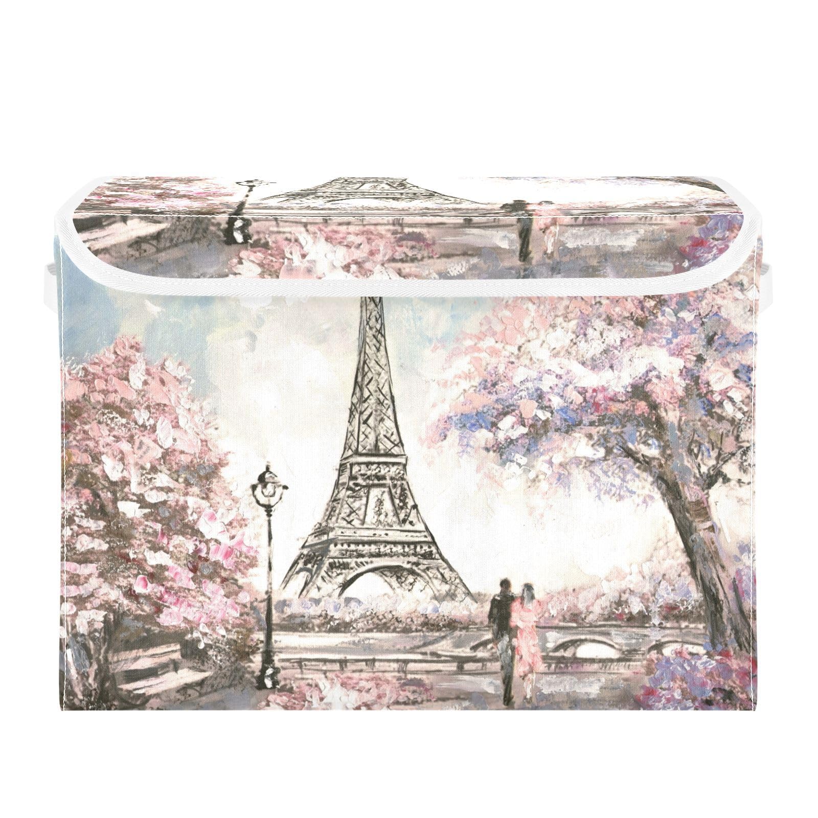 Mnsruu Romantic Pink Paris Street Scene Foldable Storage Boxes with Lid Collapsible Storage Bins Large Clothing Storage Organiser Basket for Toy