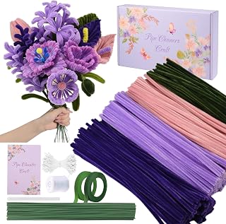LansinLife 400 Pcs Pipe Cleaners Craft Set, 4 Assorted Pipe Cleaners Bulk, Chenille Stems for DIY Flower Making Kit with Floral Stems, Gardening Tape, Stamen, Ribbon for DIY Bouquet Gift (Purple)