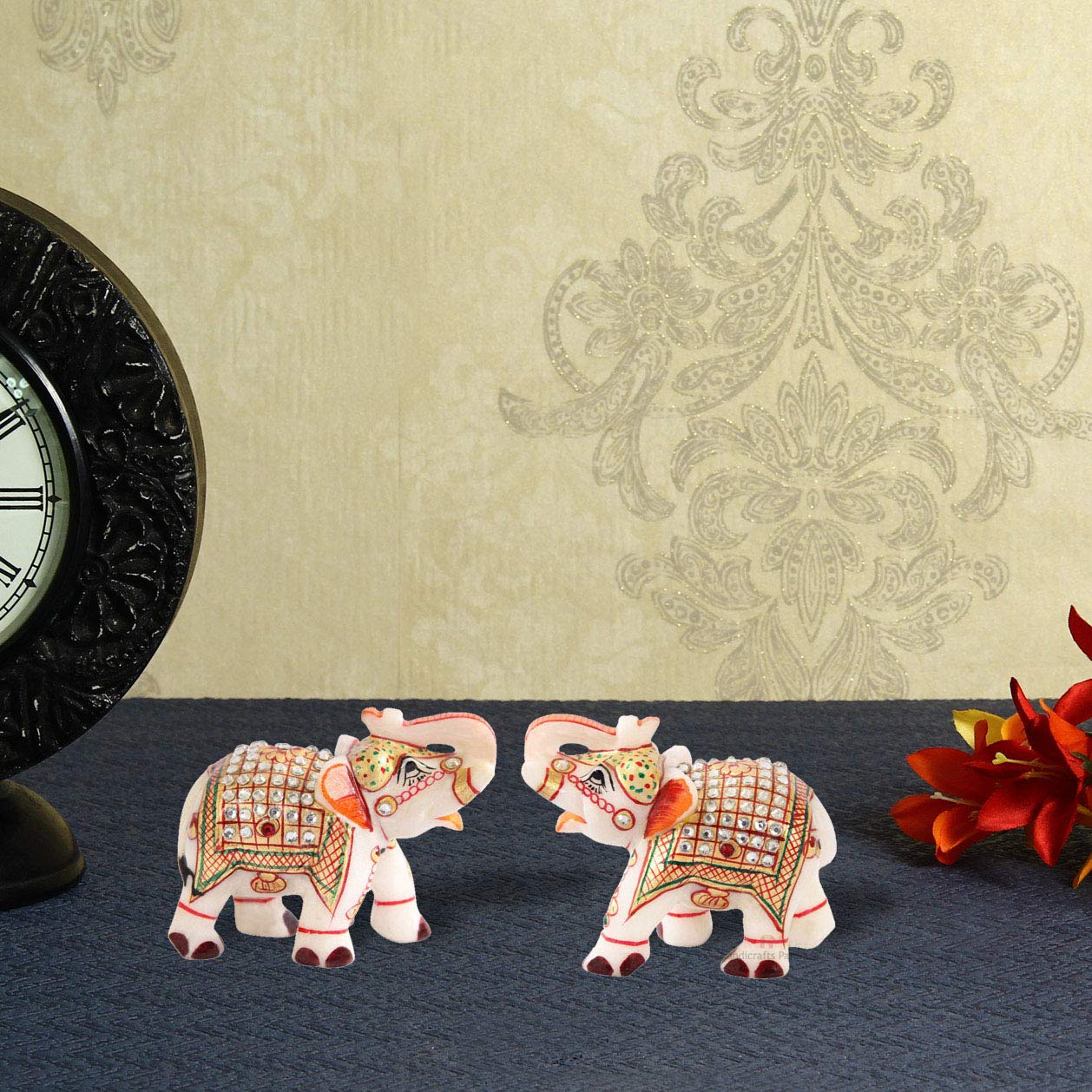 Handicrafts Paradise Showpiece of Marble Elephant Pair with Golden Finish Painting
