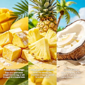 8oz Freeze Dried Tropical Mixed Fruit Snacks - Mango Pineapple & Coconut Chunks Crunchy Dried Fruit Mix, Natural Dehydrated Fruits Snacks for Yogurt, Smoothies, Baking and Snacking 240g