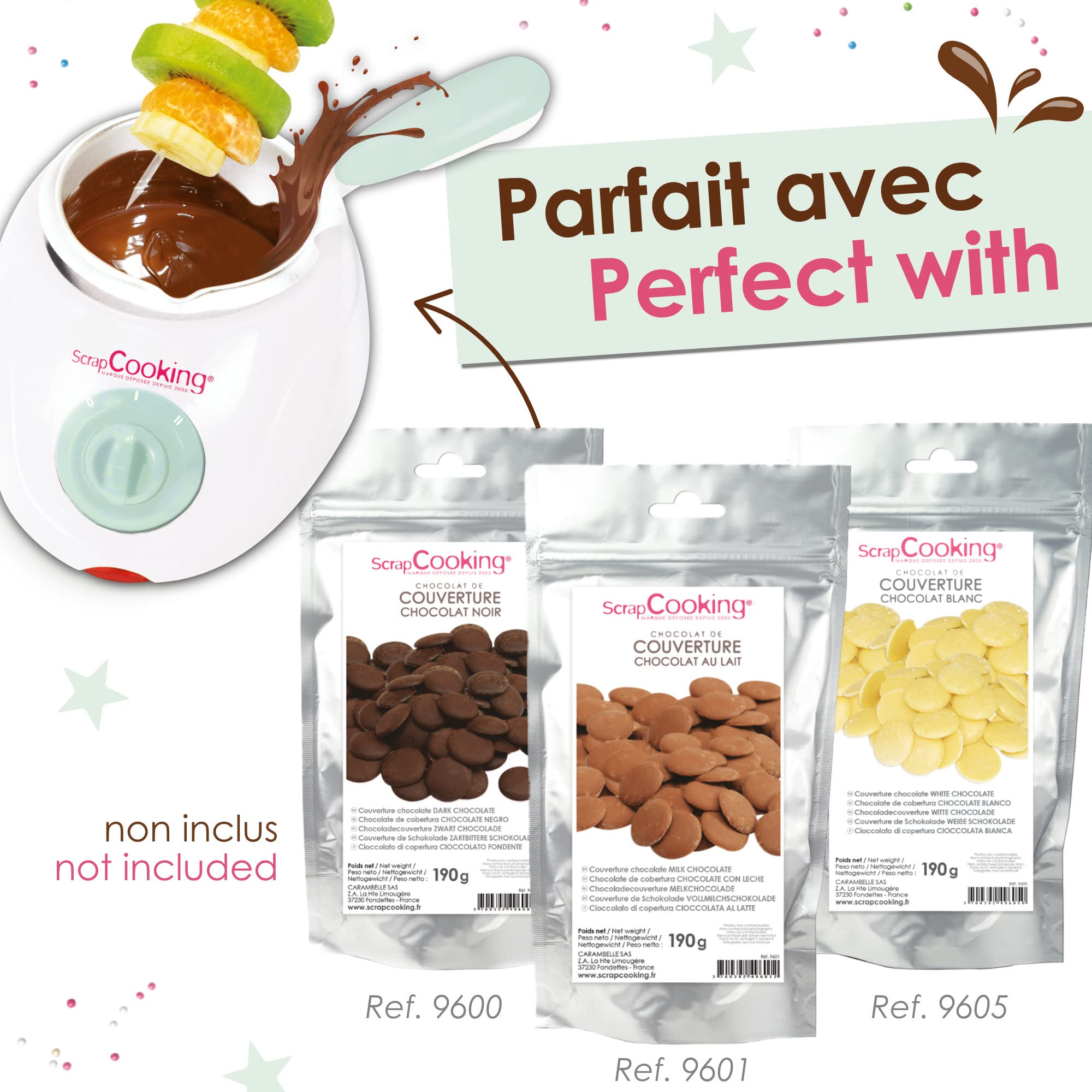 ScrapCooking - Atelier Chocolat - Appareil Fondue à Chocolat avec Accessoires - Coffret 33 Éléments pour Fabrication Chocolats Maison, Soirées Crêpes, Gaufres - Avec Moules - Blanc / Vert d’Eau - 3902