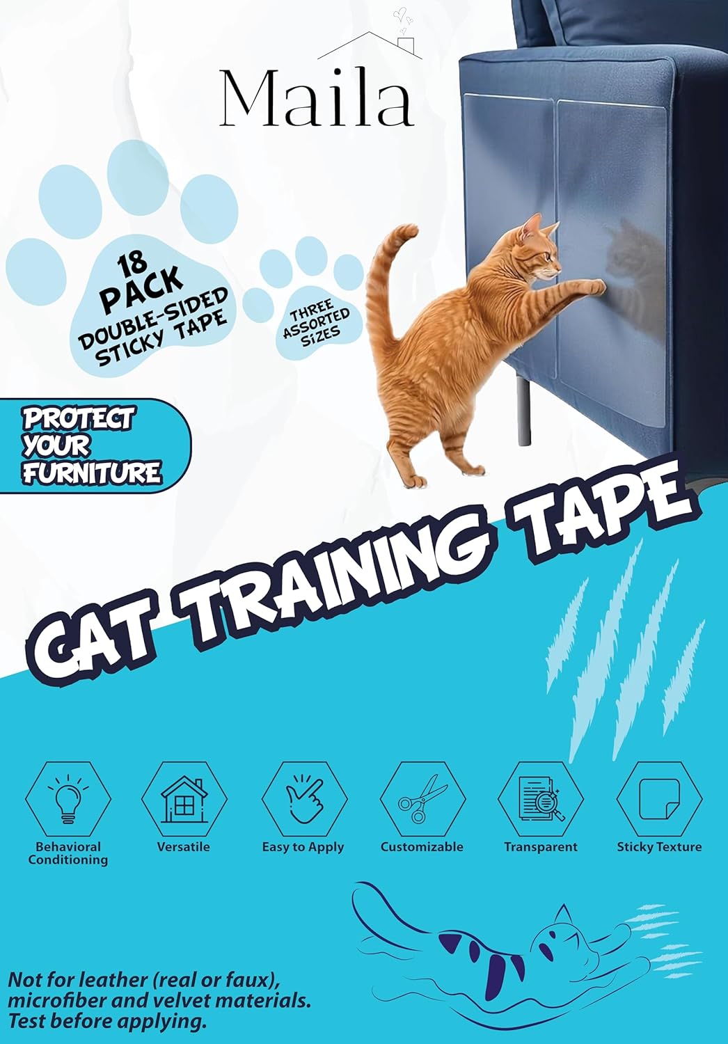 Maila – Cat Scratch Deterrent Double Sided Anti Scratching Sticky Tape (18 Pack, 3 Sizes) – Furniture Protector and Cat Training Tape – Non-Toxic – Safeguard Your Home
