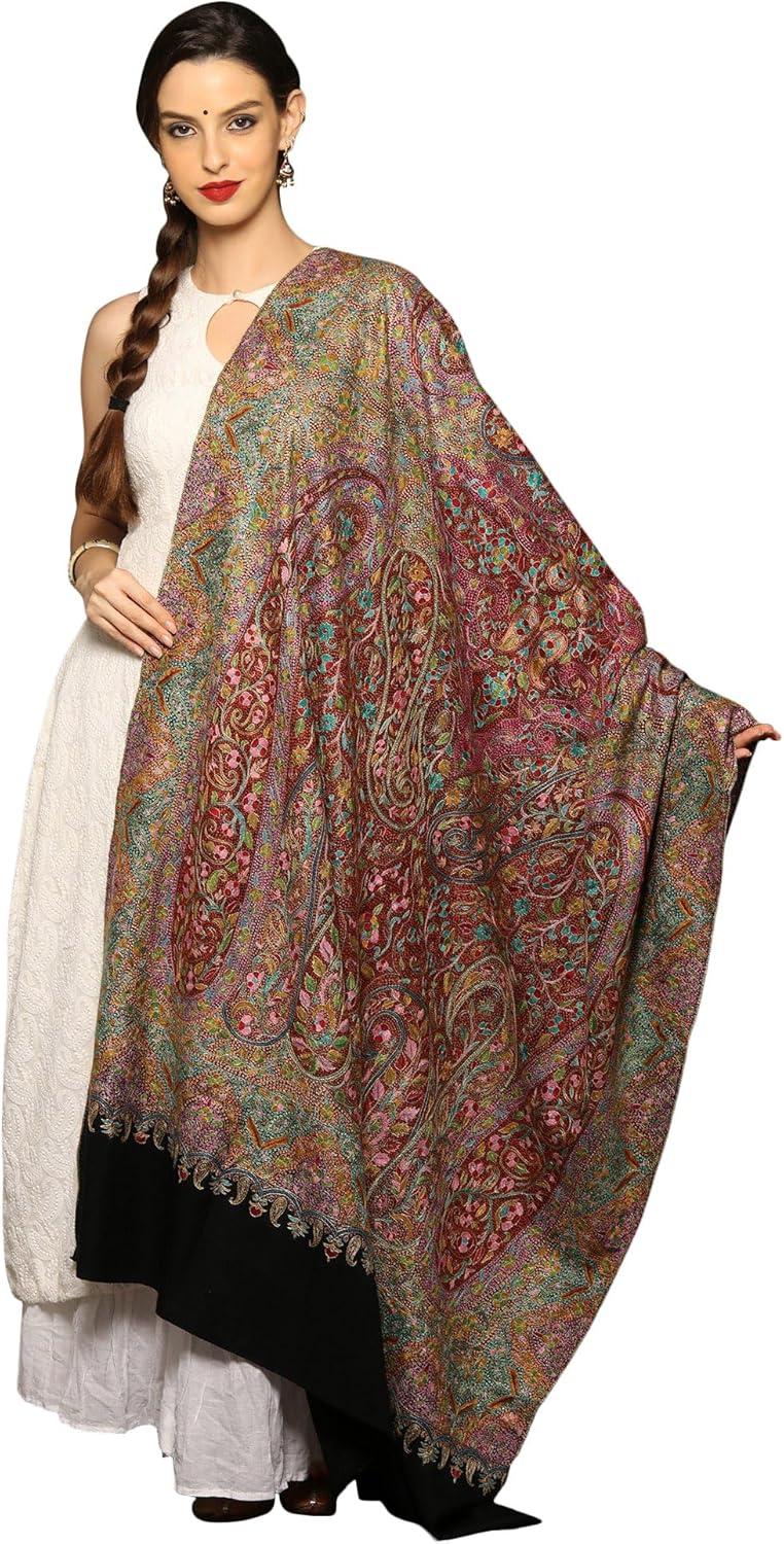 Exotic India Pure Pashmina Black Paper Mache All Over Heavily Detailed Embroidery Shawl from Kashmir