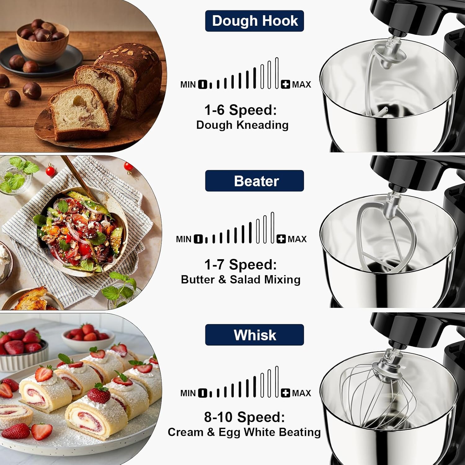 Camic Stand Mixer, 4.2QT+5.3QT Two bowls Electric Food Mixer, 10 Speeds with Digital setting 3-IN-1 Kitchen Mixer for Baking Cakes Cookie Bread Salad with Egg Whisk,Dough Hook,Flat Beater (Black)