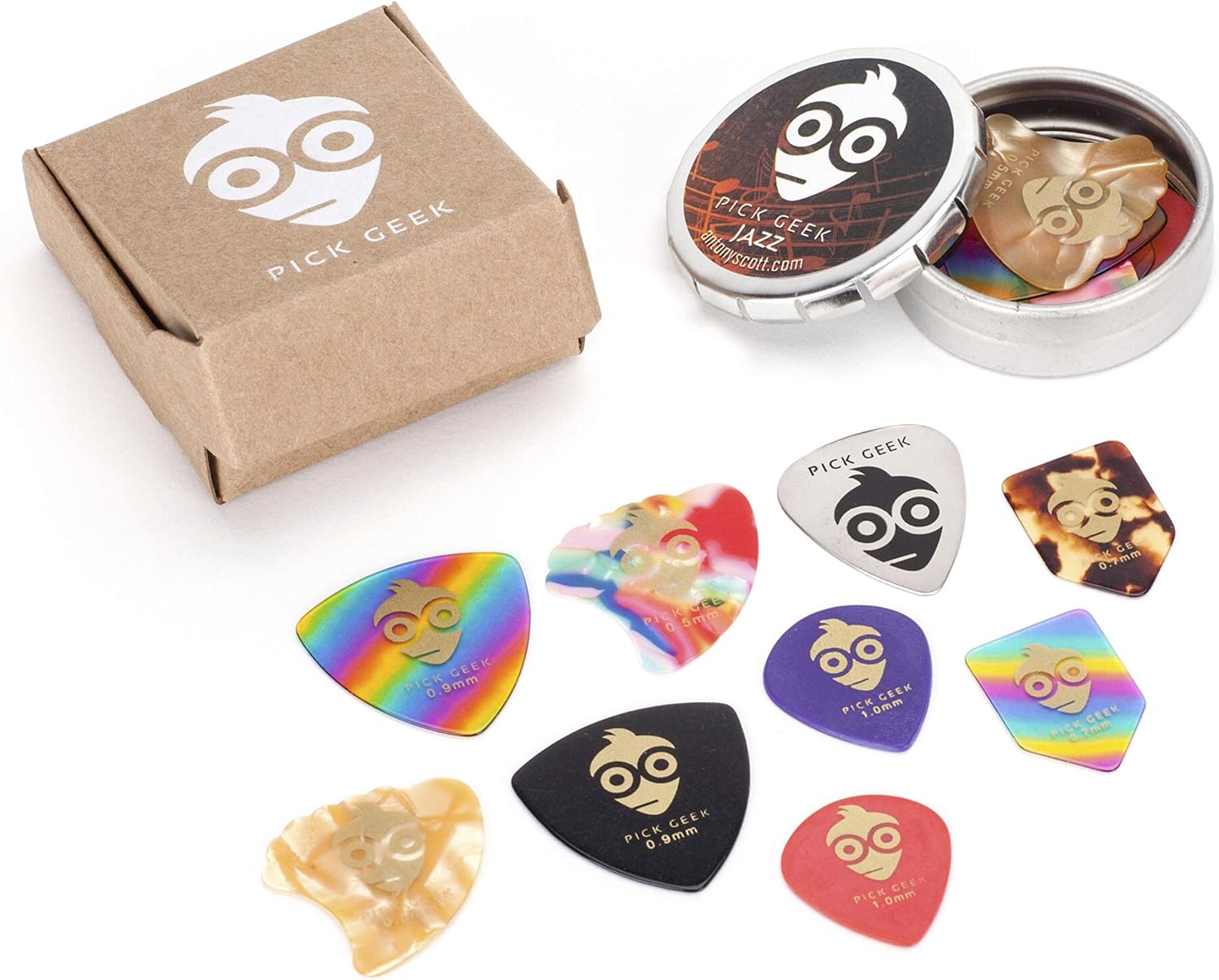 Pick Geek Guitar Pick Set | 18 Cool Custom Assorted Guitar Picks | for your Electric, Acoustic, or Bass Guitar | 5 Different Shapes and Thicknesses | Presented in a Luxury Metal Pocket Box