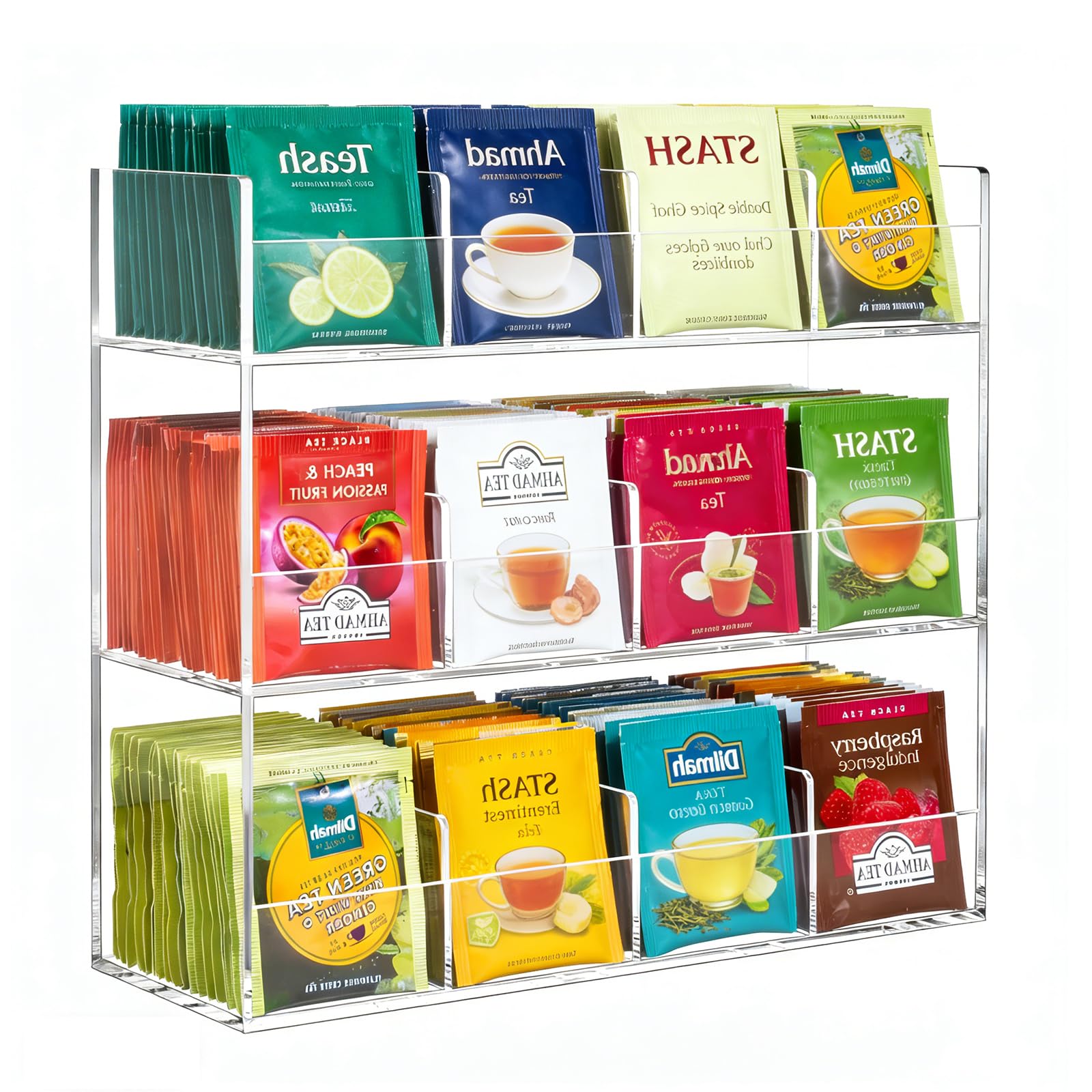 Teebeutel Organizer aus Acryl - 3-stufige Teebeutel Aufbewahrung mit 12 Fächern, Teebeutelhalter für 216 Teebeutel Teeregal Hochkant für Arbeitsplatten Küchenschränke Vorratskammern, Platzsparend
