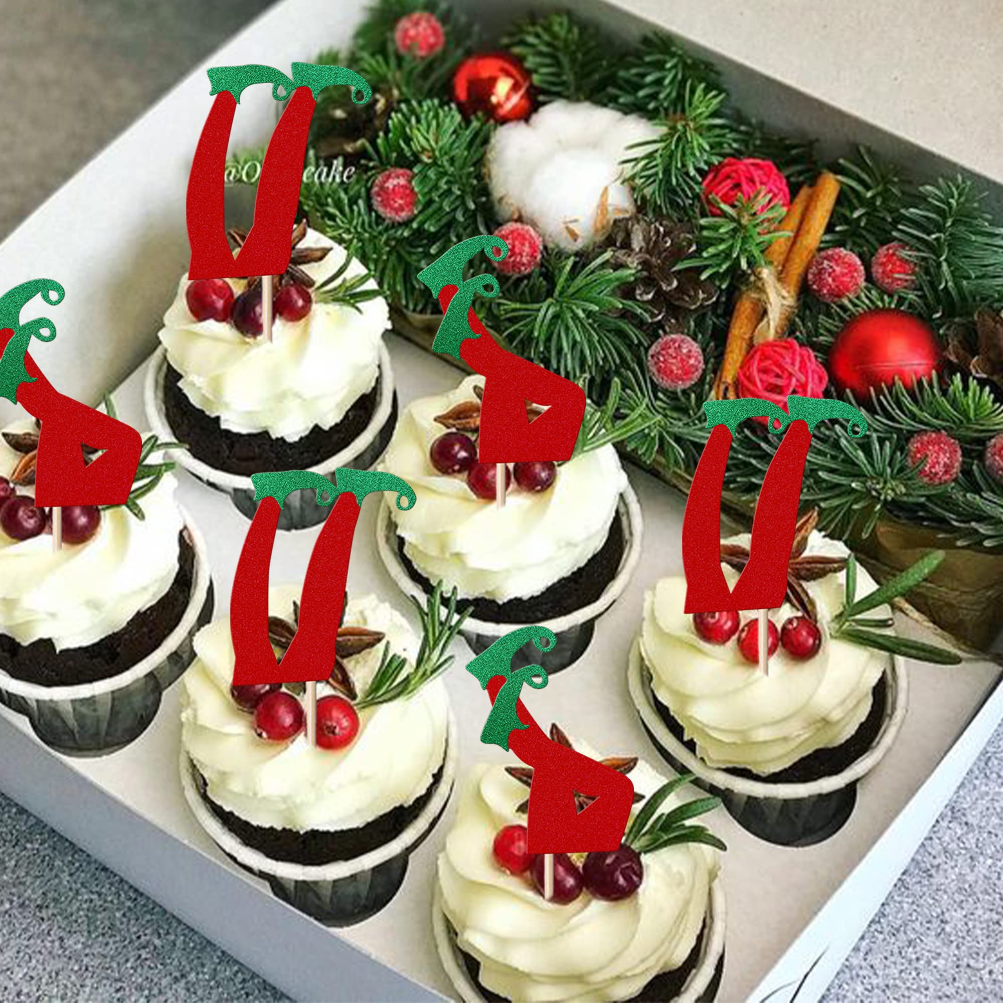Xsstarmi 24 Pack Christmas Cupcake Toppers Glitter Merry Christmas Elf Legs Cupcake Picks for Elf Feet Winter Elves Theme New Year Holiday Baby Shower Party Cake Decoration Supplies - Image 3