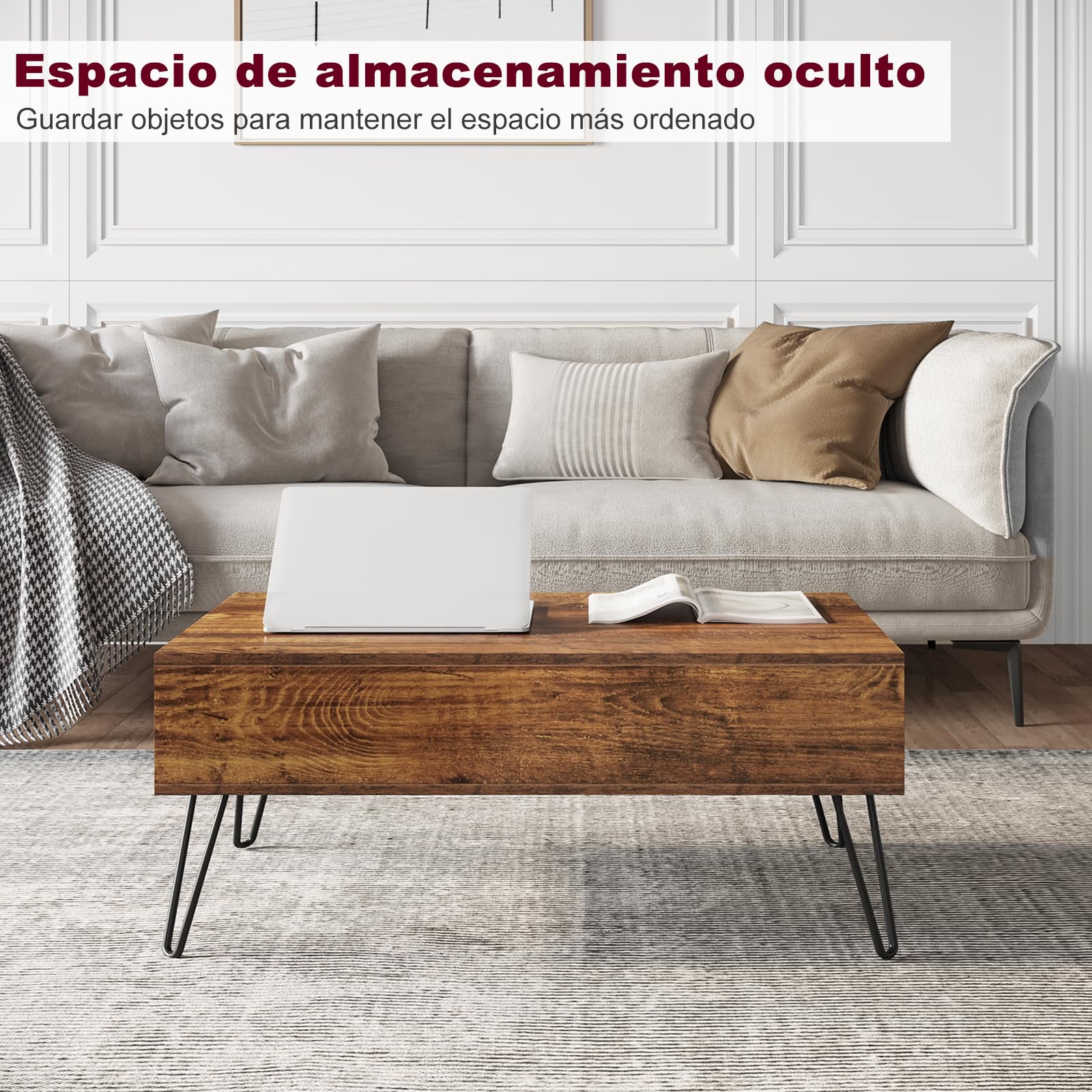 WOLTU Mesa de Centro Elevable y Extensible con Espacio Interno, Auxiliar con Patas Metálicas para Salón, 95x50x(40-55,5) cm, Madera Vintage, BTS18hov