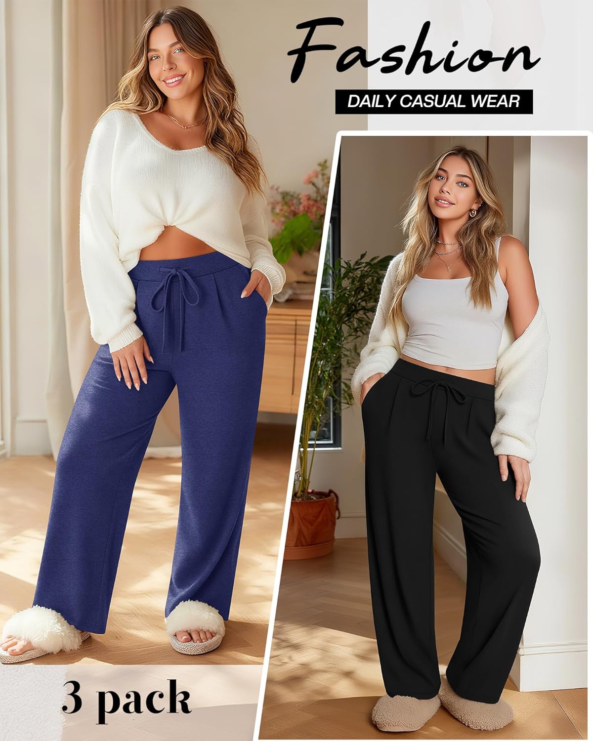 3 Pack Women's Plus Size Wide Leg Yoga Pants, Drawstring Lounge Sweatpants Loose Casual Workout Pants with Pockets - Image 6