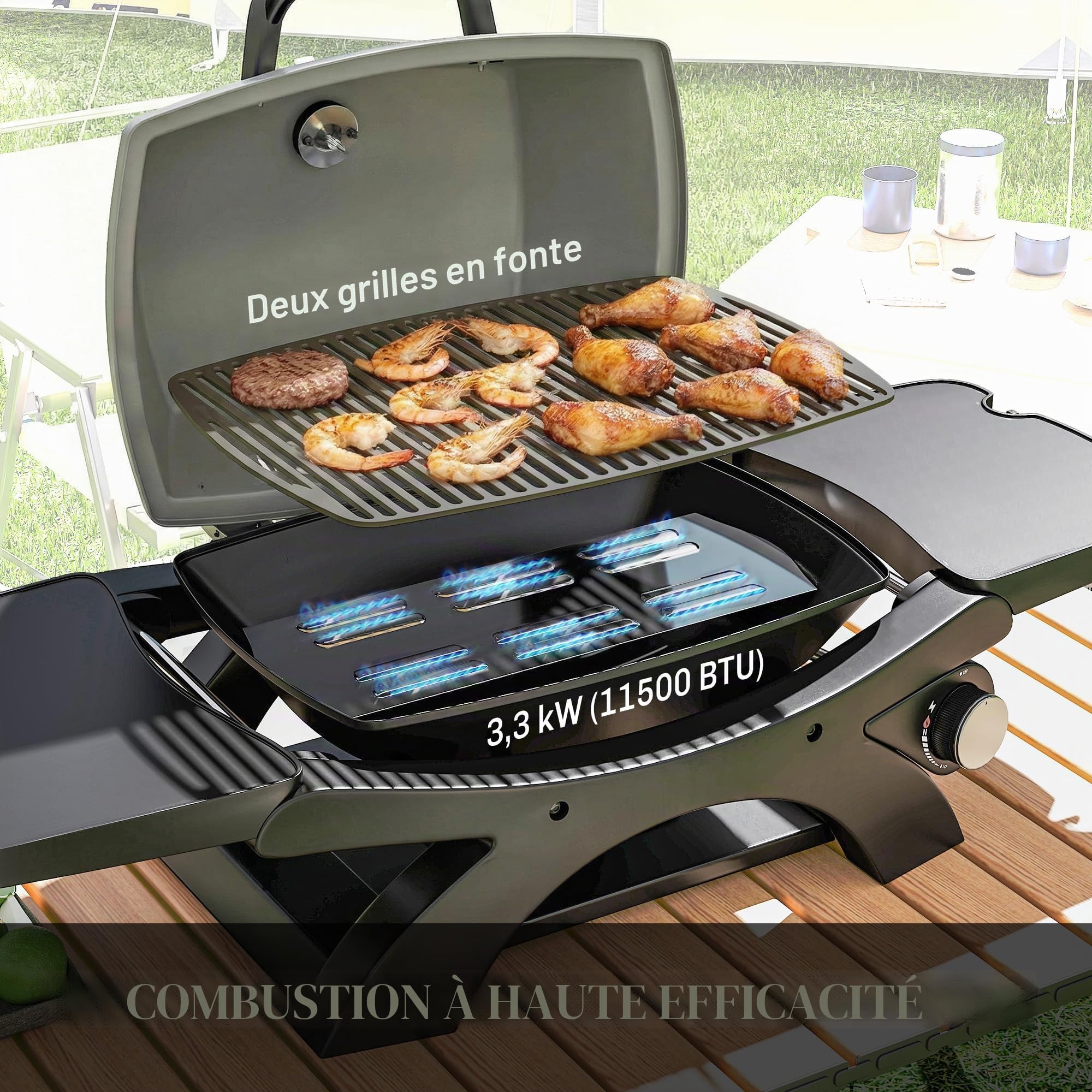 Outsunny Barbecue à gaz portable de 3,3 kW avec 1 brûleur, tables latérales pliables en fonte, grilles de cuisson en fonte, bac récupérateur de graisse, thermomètre, crochet, barbecue à gaz de table