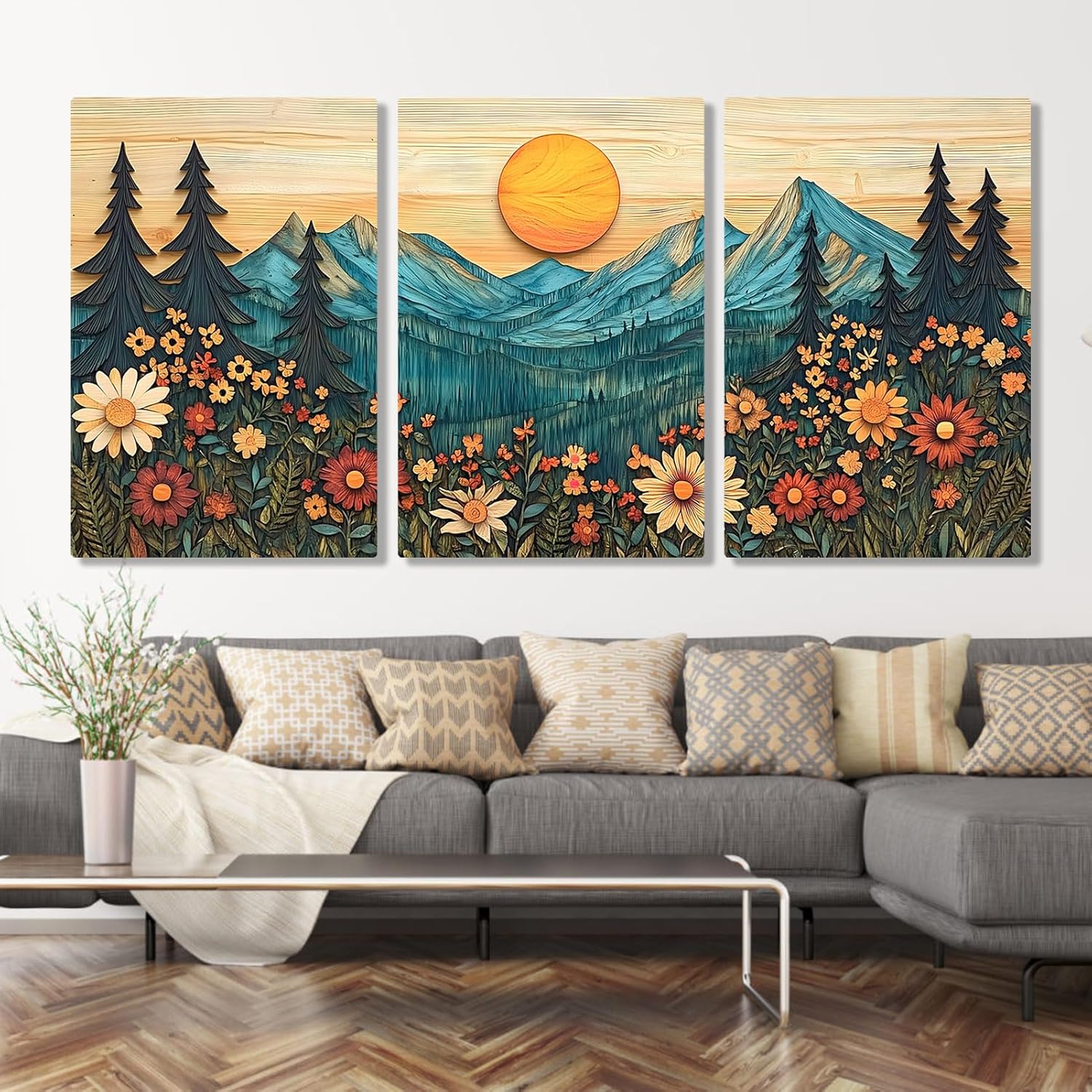 3-Piece Mountain & Wildflowers Canvas Wall Art – Vibrant Sunset with Pine Trees on Rustic Wood Background for Living Room & Bedroom Décor – Ready to Hang (16" x 24" x 3 pcs)