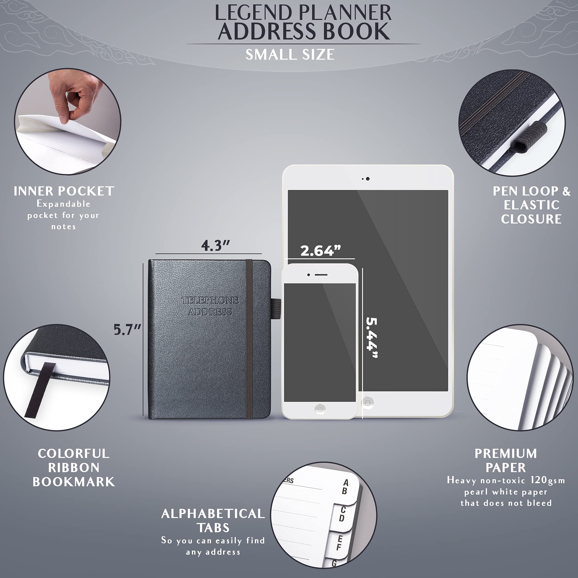 Legend Planner Mini Address Book – Alphabetical Tabs For Contacts, Passwords & Dates – Hardcover, Pocket Size, Dark Teal