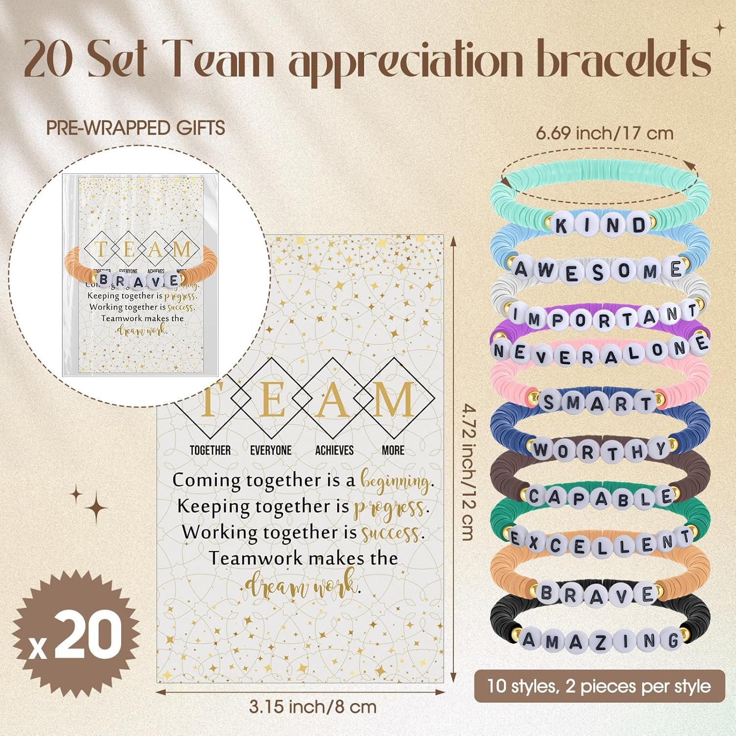 Landical 20 Set Inspirational Friendship Bracelet Bulk Employees Appreciation Gift Motivational Clay Beaded Bracelets with Team Quotes Card for Social Worker Assistant Coworkers Office - Image 2