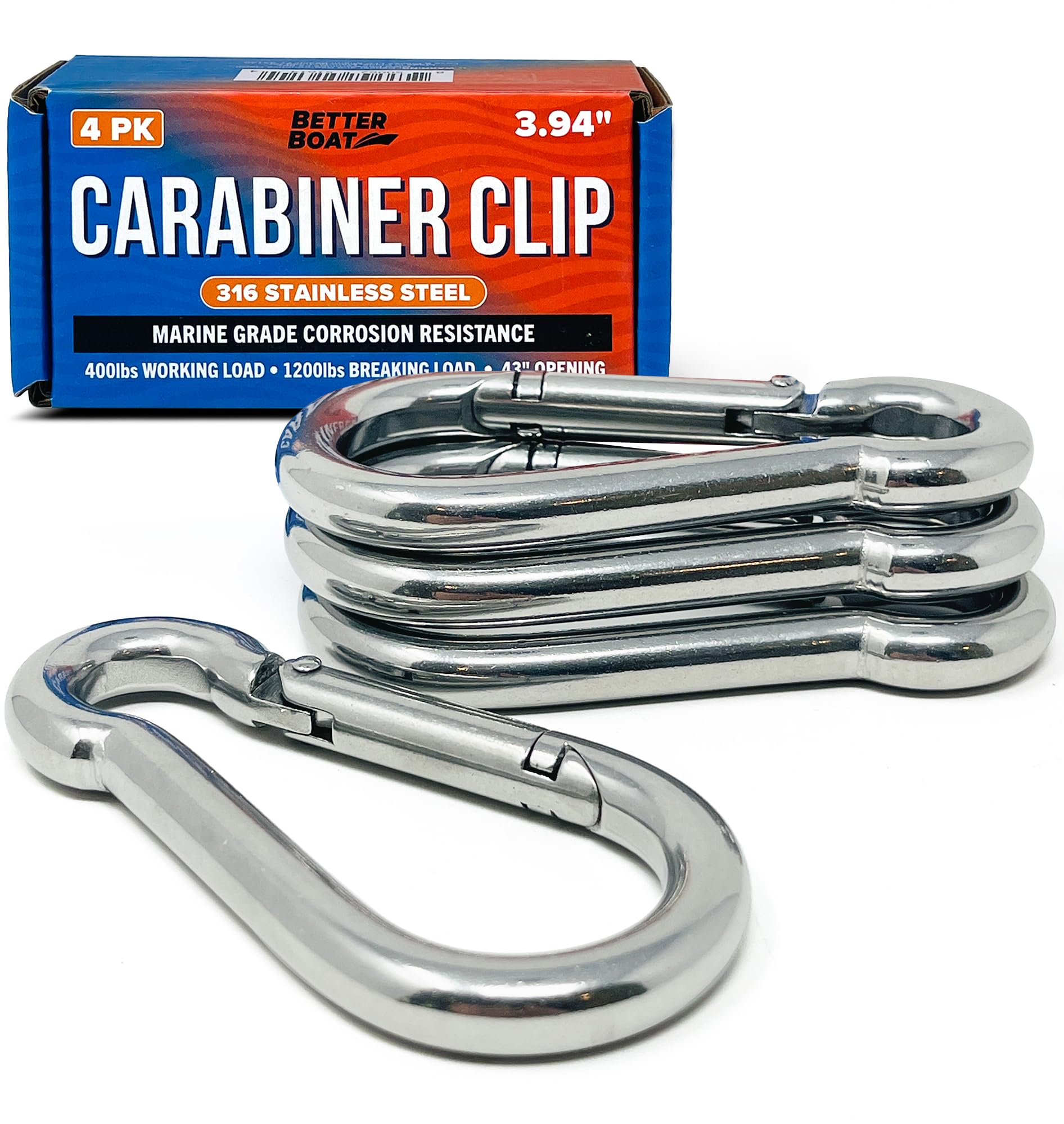 Stainless Steel Carabiner Clip, 4 Pack, 316 Marine Grade, Heavy Duty Spring Snap Hooks, Mini and Large Sizes, 2" to 4" Options