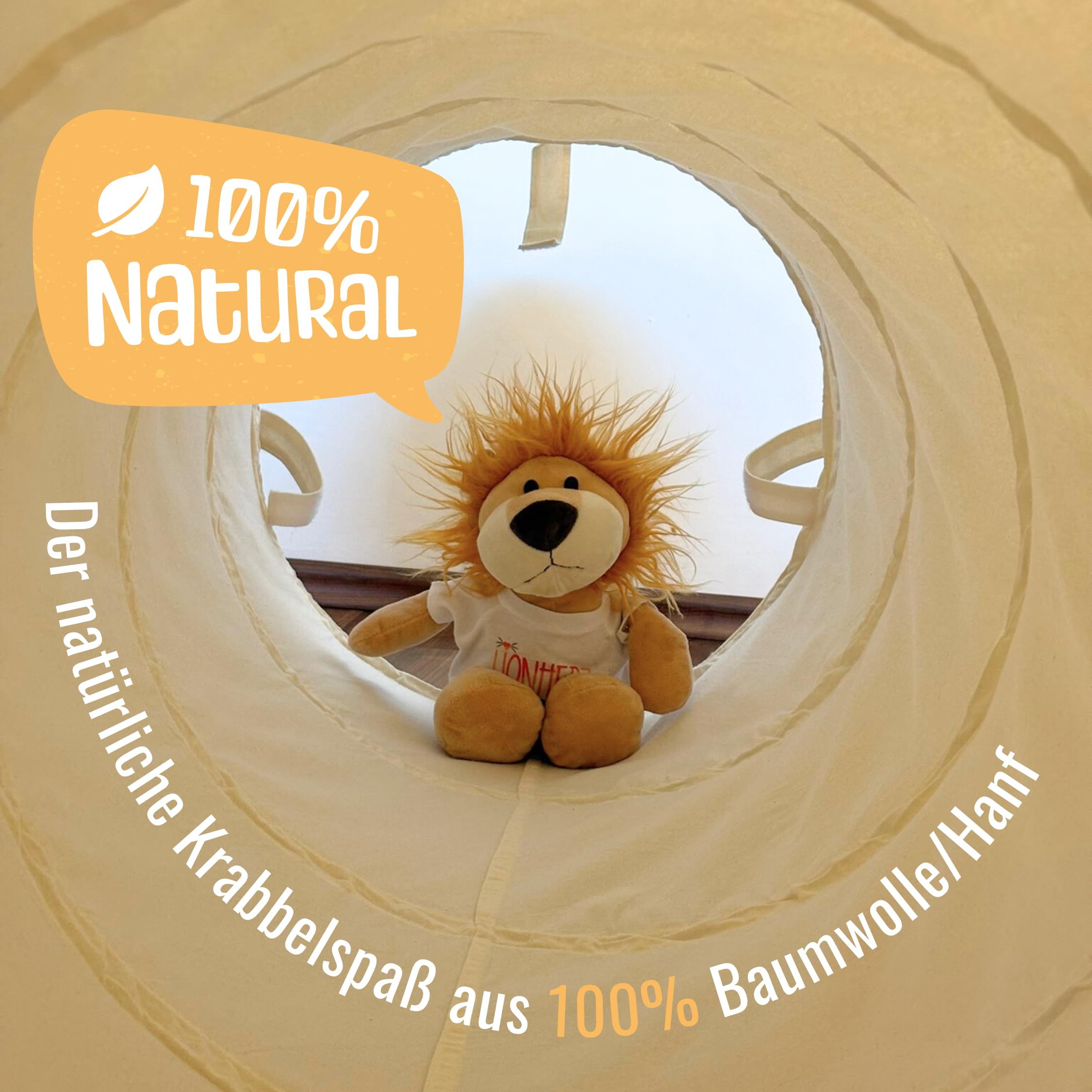 LIONHERZ® Spieltunnel für Kinder aus Baumwolle/Hanf mit Klettverschlüssen [180cm x 46cm] Krabbeltunnel für Baby | Faltbarer Pop-up Kriechtunnel | passend zu unserem runden Spielzelt (Cremeweiß)