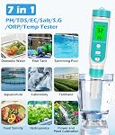 7 in 1 TDS Meter, Professional Digital Versatile Water Tester-TDS/EC/PH/Salt/S.G/OPR/Temperature, with Calibration Buffer Powder, for Drinking Water, Fish Tank, Hydroponics, laboratory, Pool, Aquarium