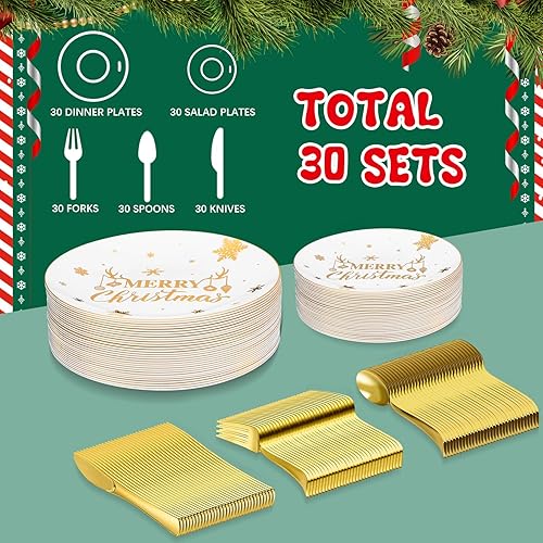 Miniatura 3 de 150 piezas de suministros para fiestas de Navidad, 30 platos de Navidad de plástico, 30 platos de postre desechables, 30 cuchillos, 30 tenedores, 30