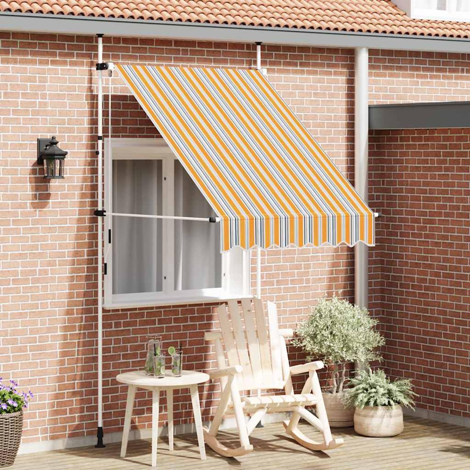 Wysuwana markiza balkonowa, obsługiwana ręcznie, 150 cm, żółto-niebieskie paski, bez wiercenia, z korbą ręczną, aluminiowa markiza odporna na promieniowanie UV, regulacja wysokości i działanie