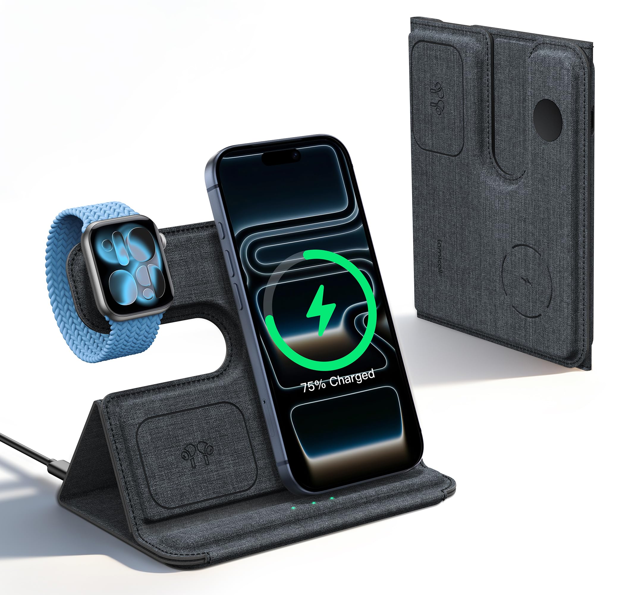 Lamicall 3-IN-1 Caricatore wireless per iPhone, Stazione Ricarica Wireless | [Pelle PU & Pieghevole - 17mm Slim] Caricatore Wireless per MagSafe, Base Ricarica per iPhone 17/16/15 Pro Max AirPods iWatch