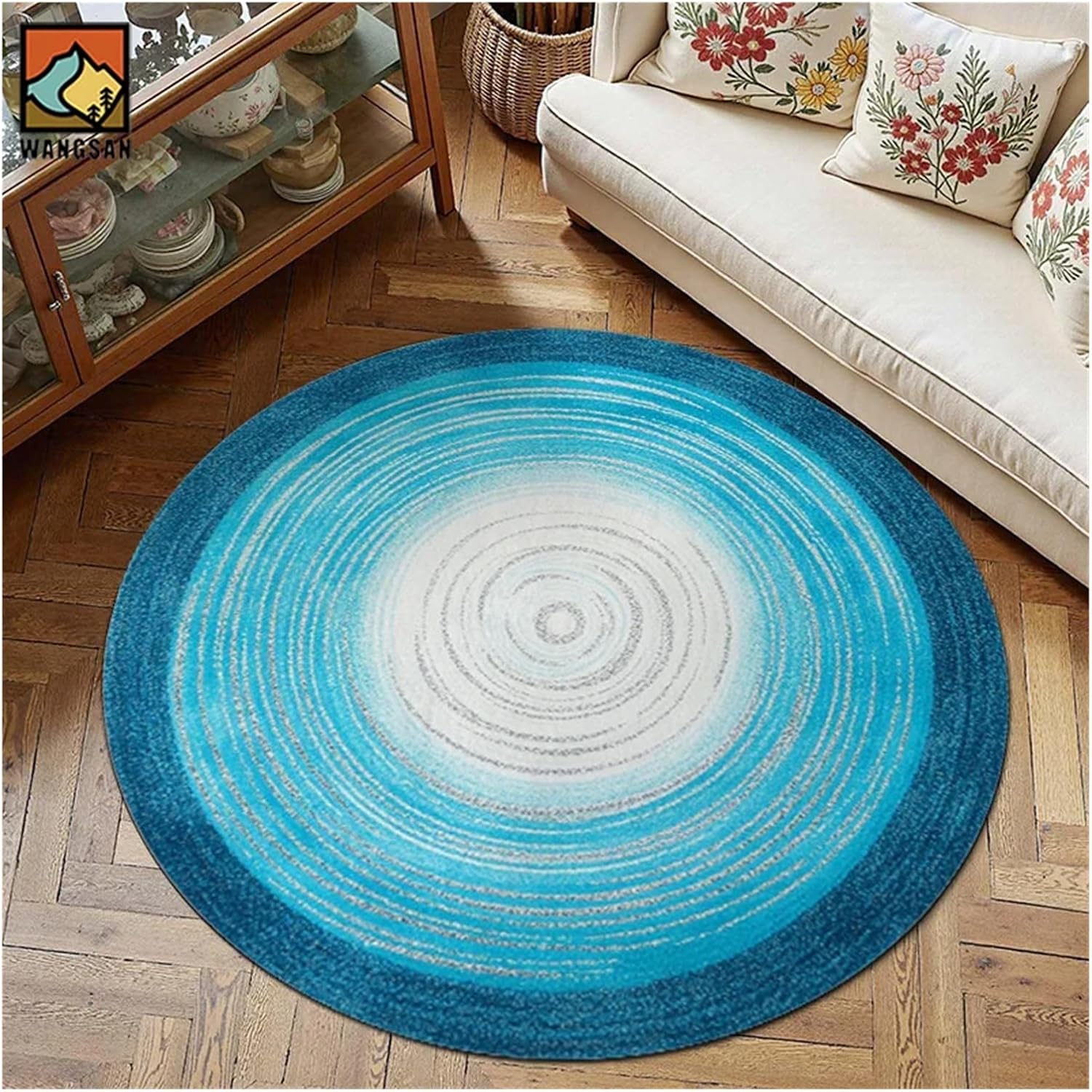 Blue White Gradient Carpet Round Mat with Concentric Circles Flannel Soft Floor Rug for Decor Calm Atmosphere(160cm-dia.)