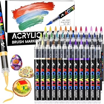 36 Colors Acrylic Paint Markers Brush Tip, Colored Paint Pens Set with Direct-Liquid Ink Control System, Water-Based Coloring Markers for Pumpkin Decorating Kit, Rock, Fabric, Wood, Wood, Art Supplies