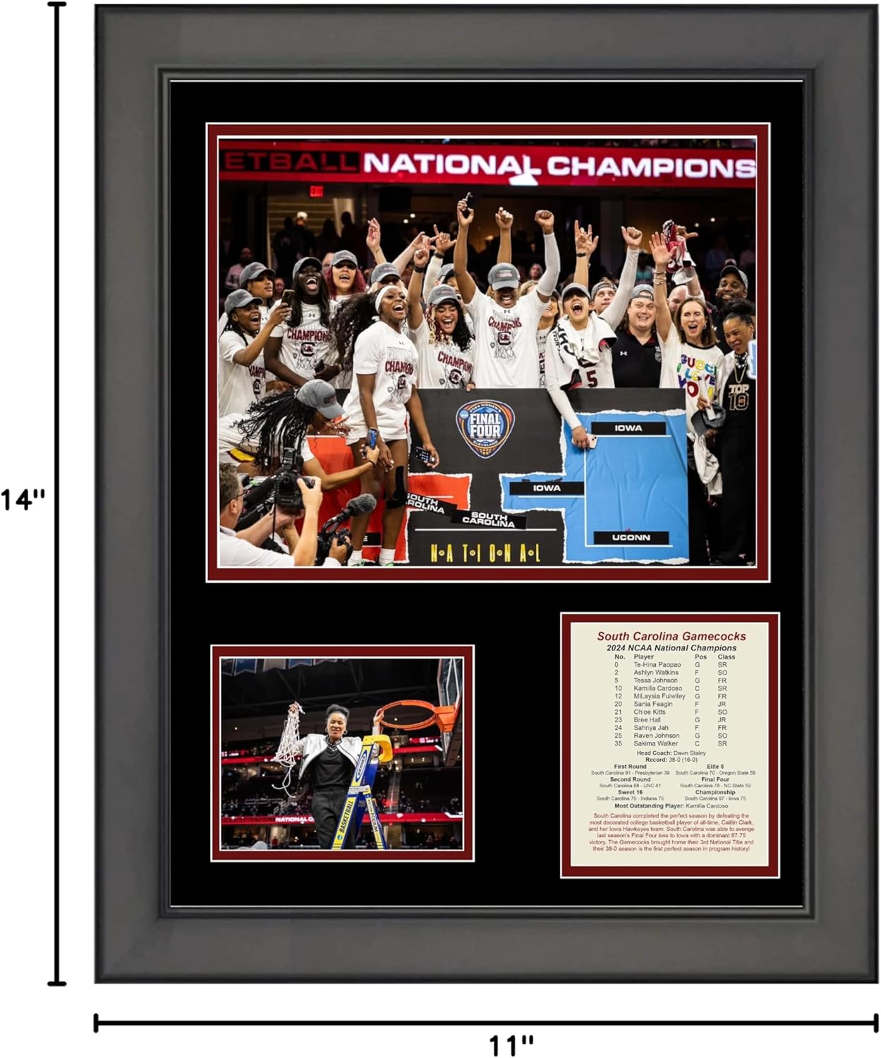 Framed South Carolina Gamecocks 2024 Women's NCAA National Champions 11"x14" College Basketball Three Photo Collage