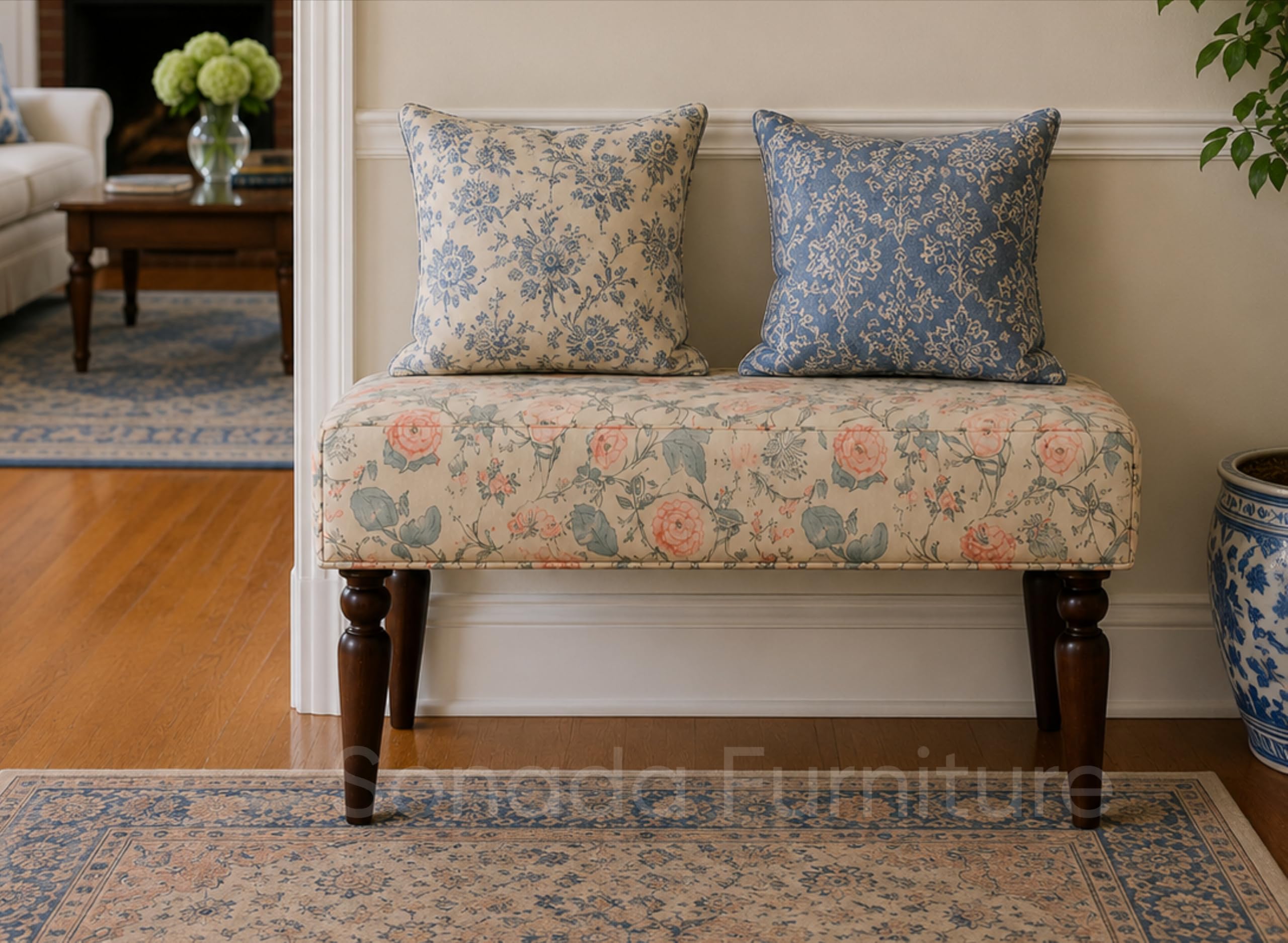 Solid Wood 2 Seater Bench Multicolor Wooden Kantha Upholestered Cushioned Couch Furniture for Home Living Room Dining Table - 42 x 16 x 16 Inch,-image-8