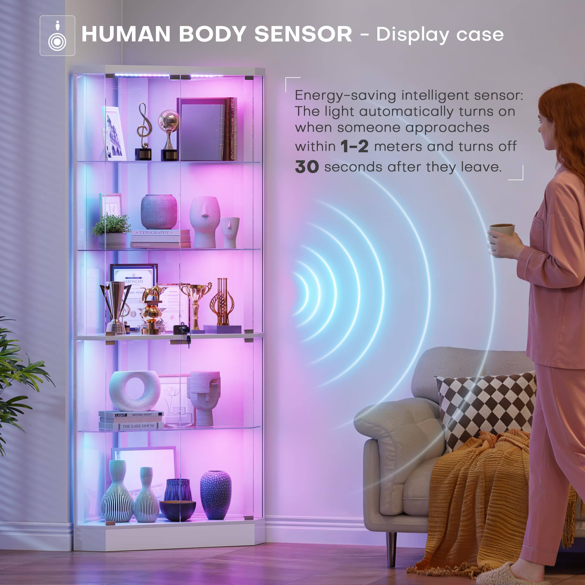 175 CM Vitrina de Esquina - con RGB Color de Luces y Sensor de Movimiento para Estar,Vitrina de Cristal con 3 Estantes Ajustables&5 Capas para Salón,Expositora para Coleccionista,Blanco