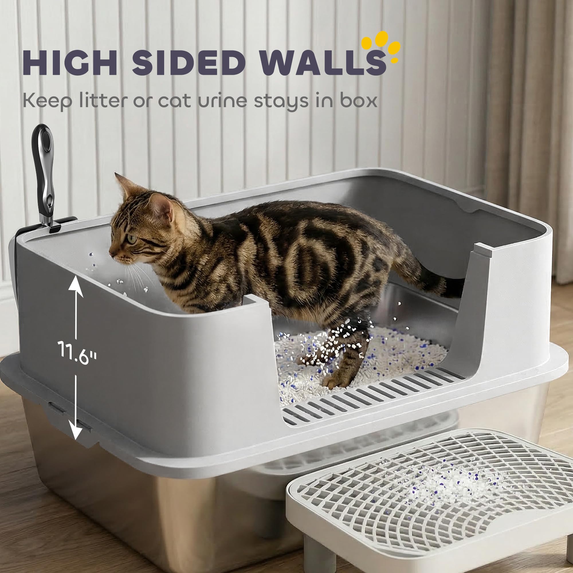 PawHut Stainless Steel Litter Box, Extra Large High Sided Cat Litter Box with Scoop, Pedal, Anti-Urine Leakage, Non-Sticky and Easy Cleaning, Gray - image 4