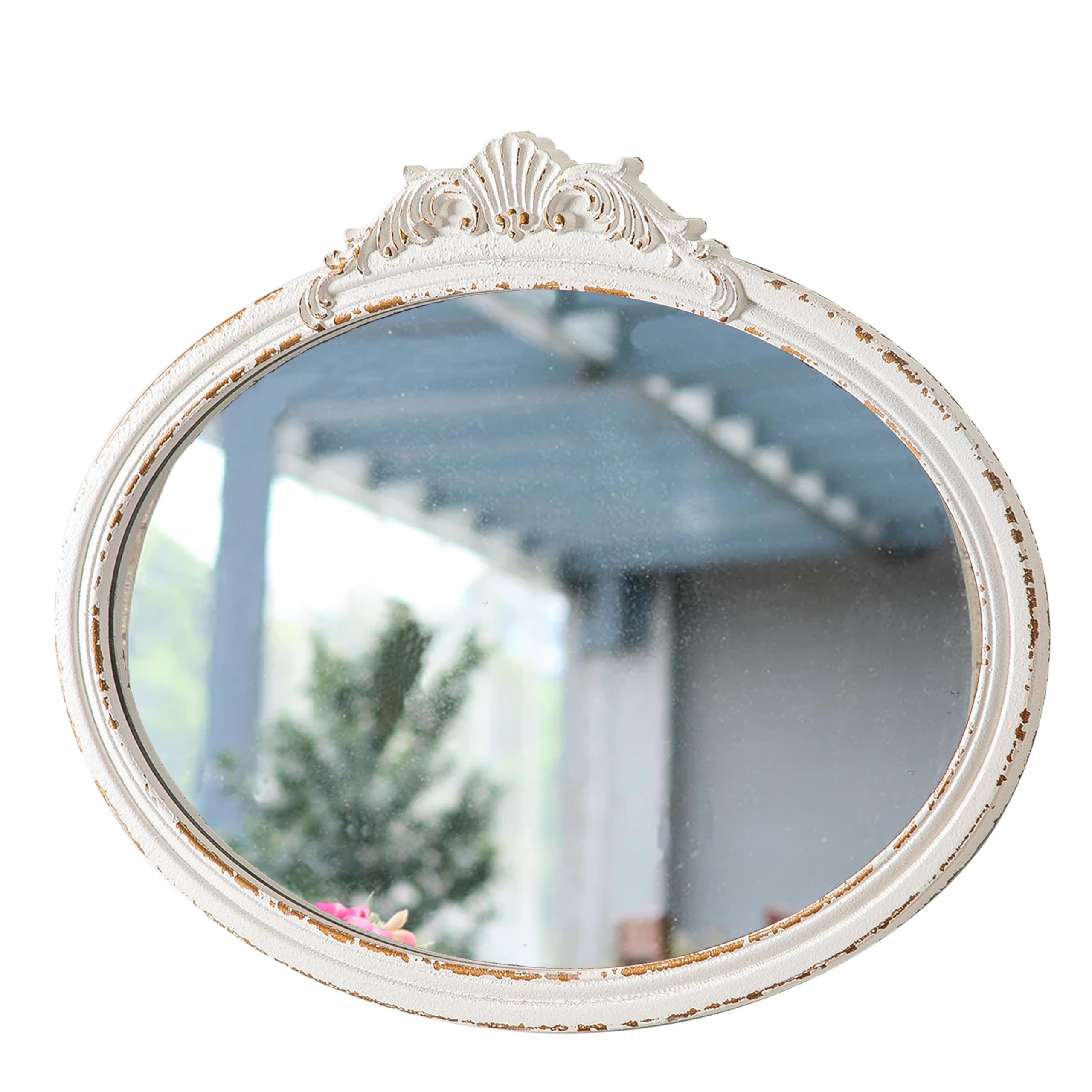 Espejos de baño ovalados vintage para fregadero de 24 x 18 pulgadas, espejos antiguos Arendahl para colgar en la pared, espejos barrocos de madera blanca envejecida horizontal para sala de