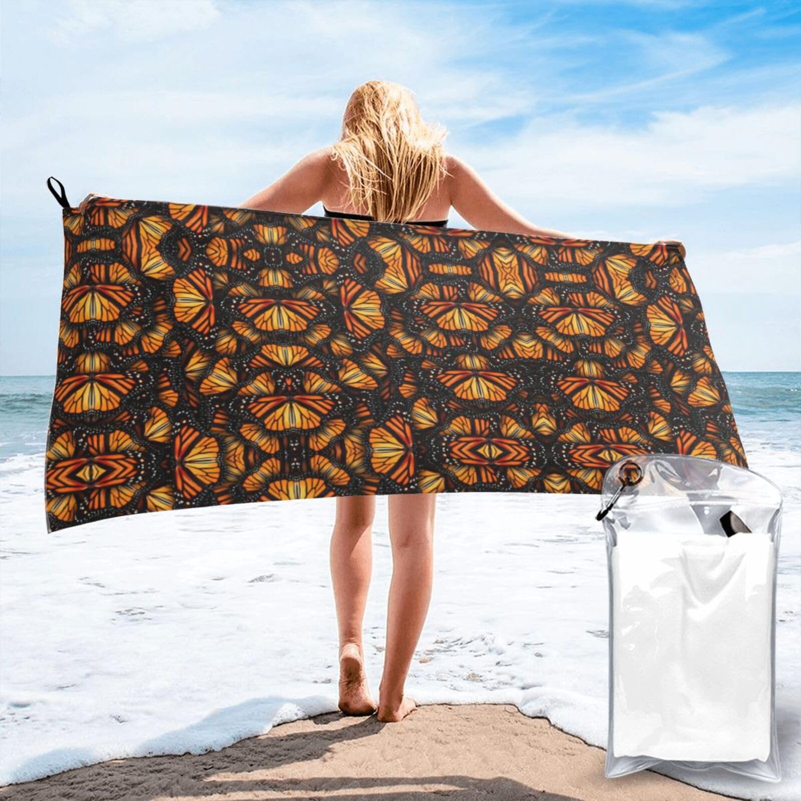 DIEzig Heaps Of Orange Monarch Butterflies Print Beach Towel Fast Dry Thin For Holiday Vacation Cruise Gym Swimmers