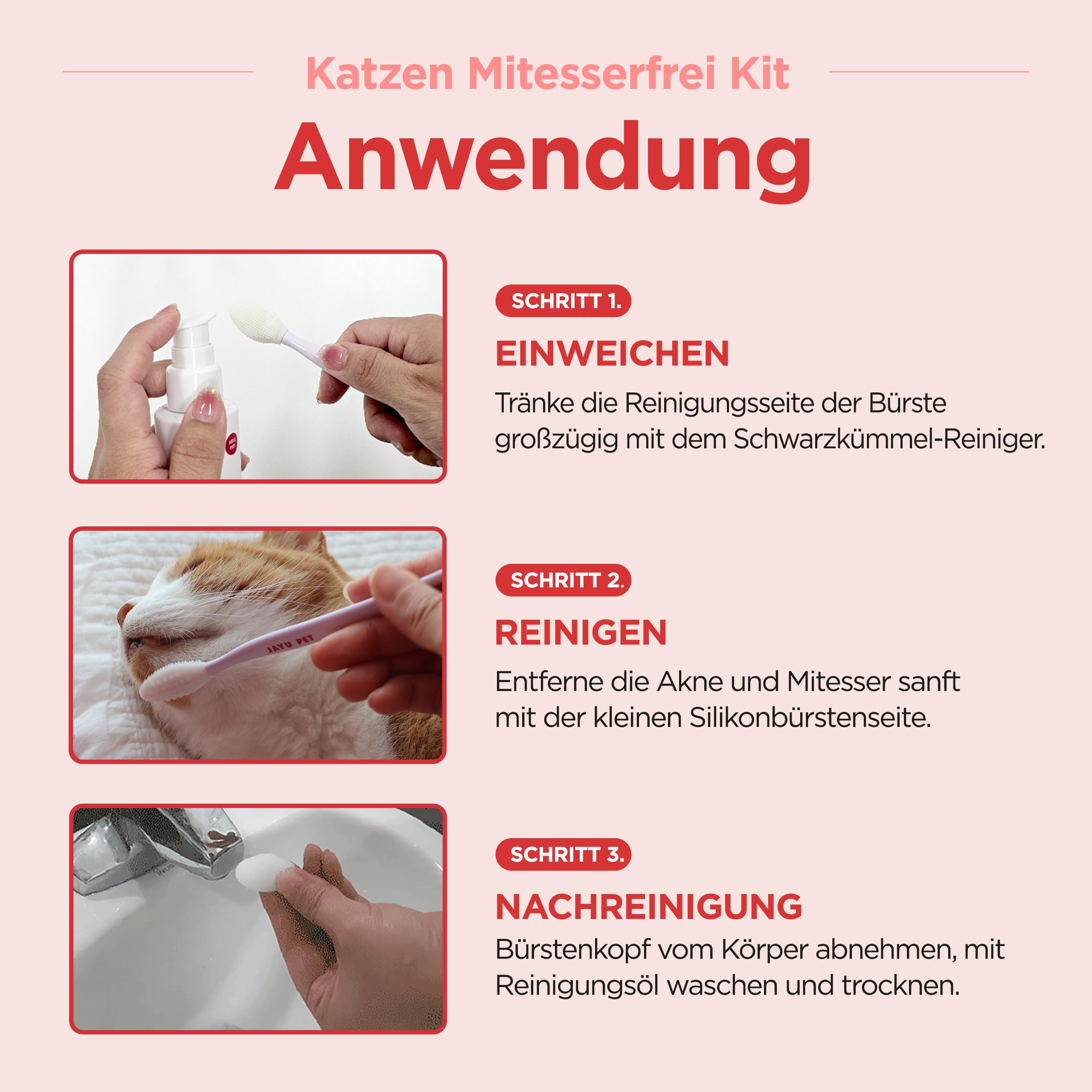 JAYU PET Katzen Mitesserfrei Kit – Mitesser-Entferner & Kinnakne Behandlung für Katzen, Schwarzkümmel Reiniger mit Silikon Peeling Bürste, hypoallergen, sanfte Katzenpflege für klare Haut