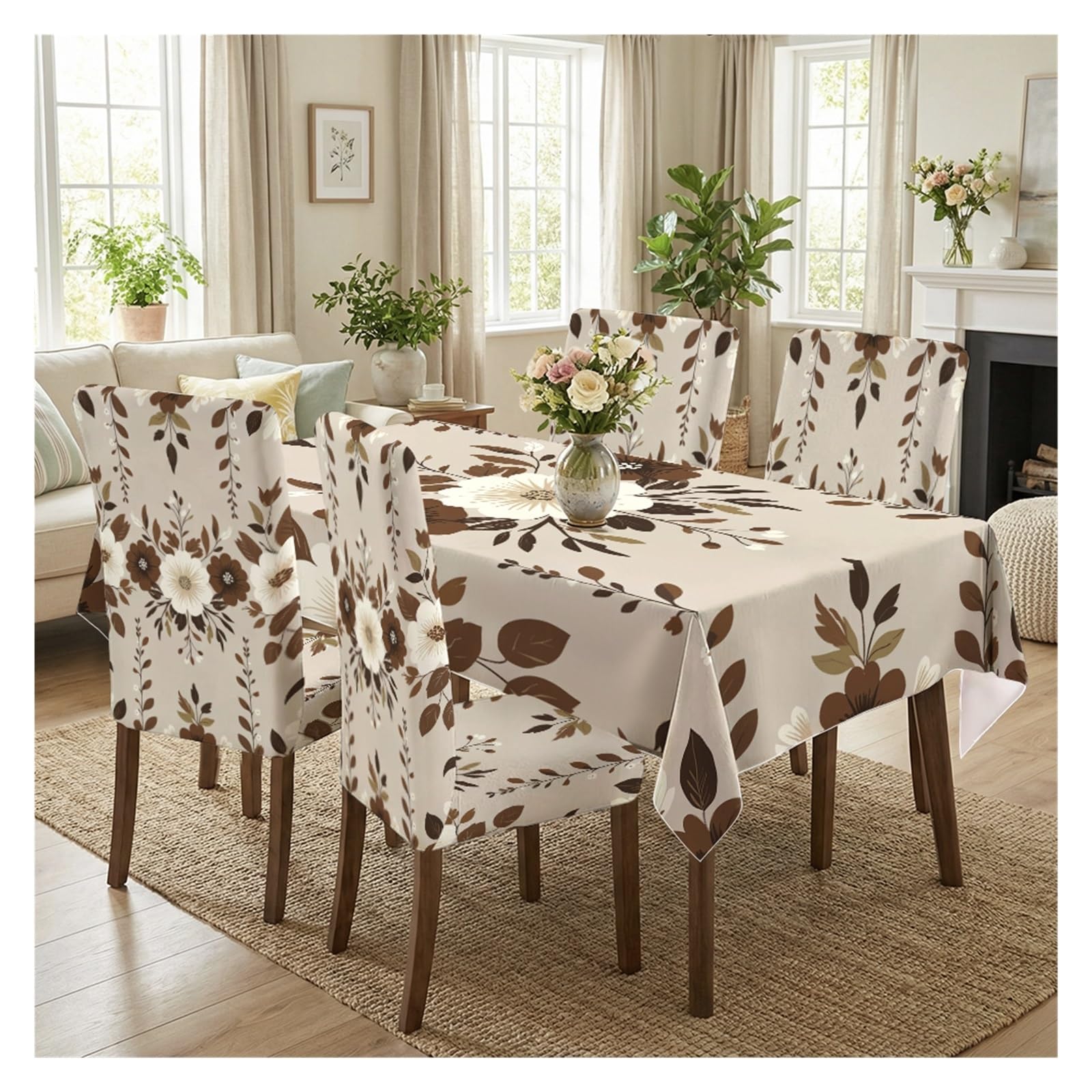 KXUAUV Boho Brown Floral Print Tablecloth & Chair Covers Set, Slipcovers For Dining Room, Kitchen, Farmhouse & Casual Decor, 5/7 Pack Party Decor(5pcs Set: Tablecloth+Chair Covers)