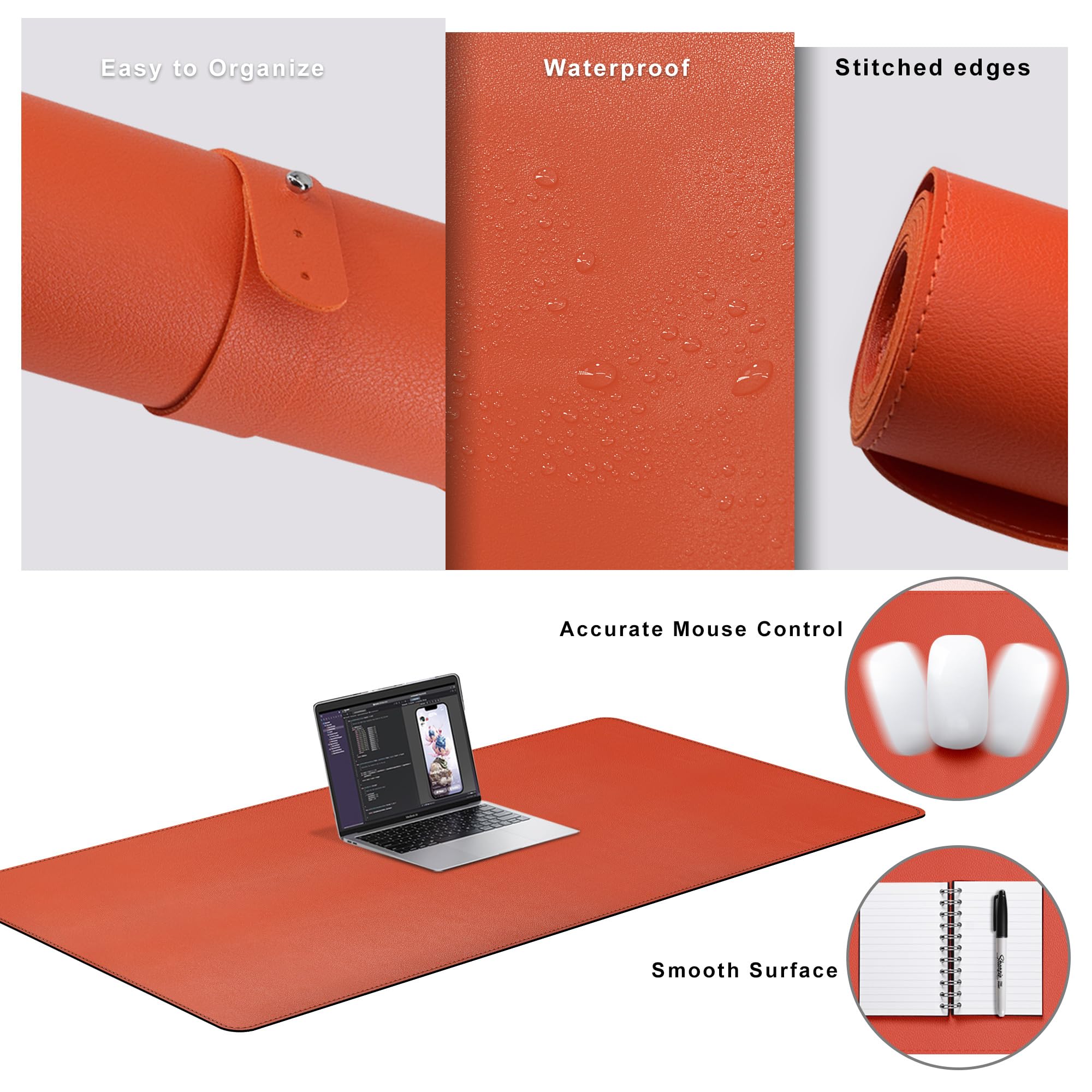 Cacoy Tappetino da scrivania in pelle PU, Impermeabile tappetino per mouse, 140x60cm protezione da scrivania, ufficio tastiera tappetino da scrivania (Arancione)