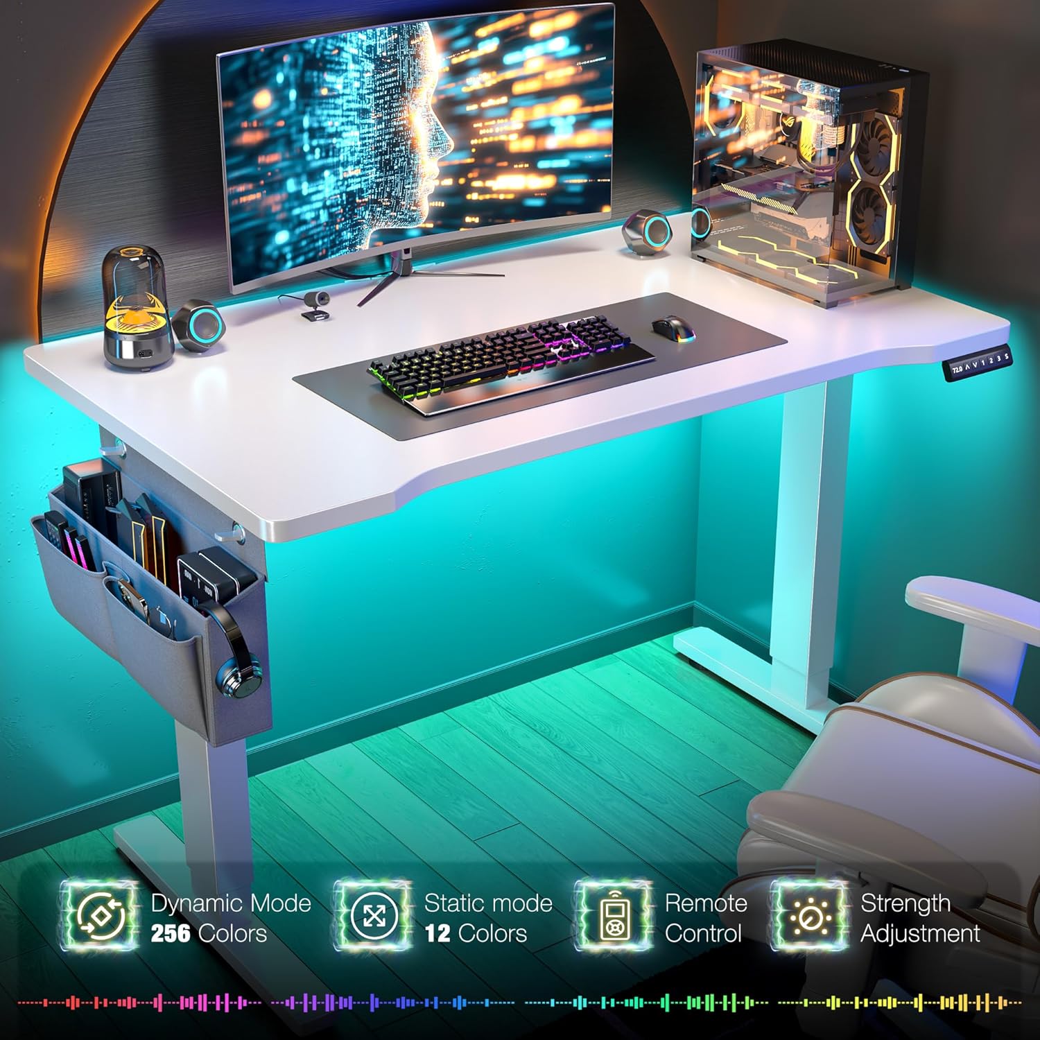 EnHomee Electric Standing Desk with LED Lights,Computer Desk 56 x 24 Inch Height Adjustable with 3 Memory Preset,Gaming Sit Stand Desk with Storage Side Pocket and Cable Management,White - 5