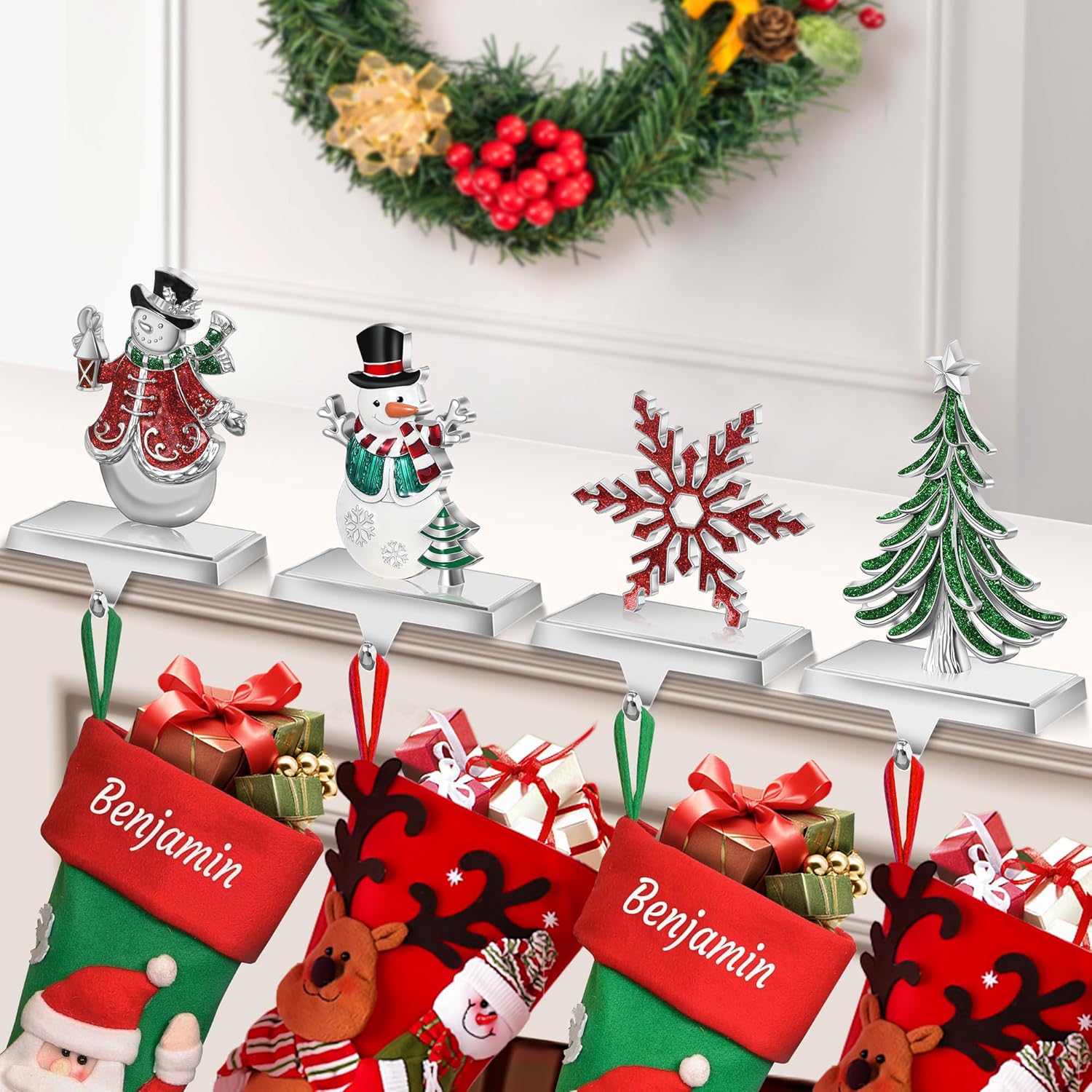 Loncaster Set of 4 Christmas Stocking Holders for Mantle, Christmas Tree Weighted Stocking Holder, Snowflakes Stocking Hangers for Mantle,Christmas Stocking Holder for Fireplace Christmas Decorations