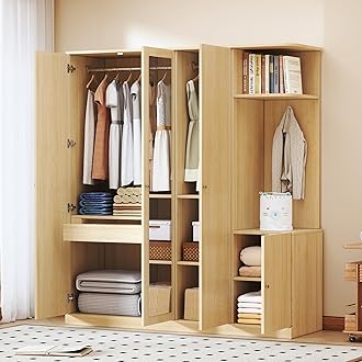 Quarte 4-Door Wardrobe with Full-Length Mirror, Shoe Storage & Anti-Tip Design, Modern Closet Organizer in White/Gray/Natural Wood (Natural/nn)