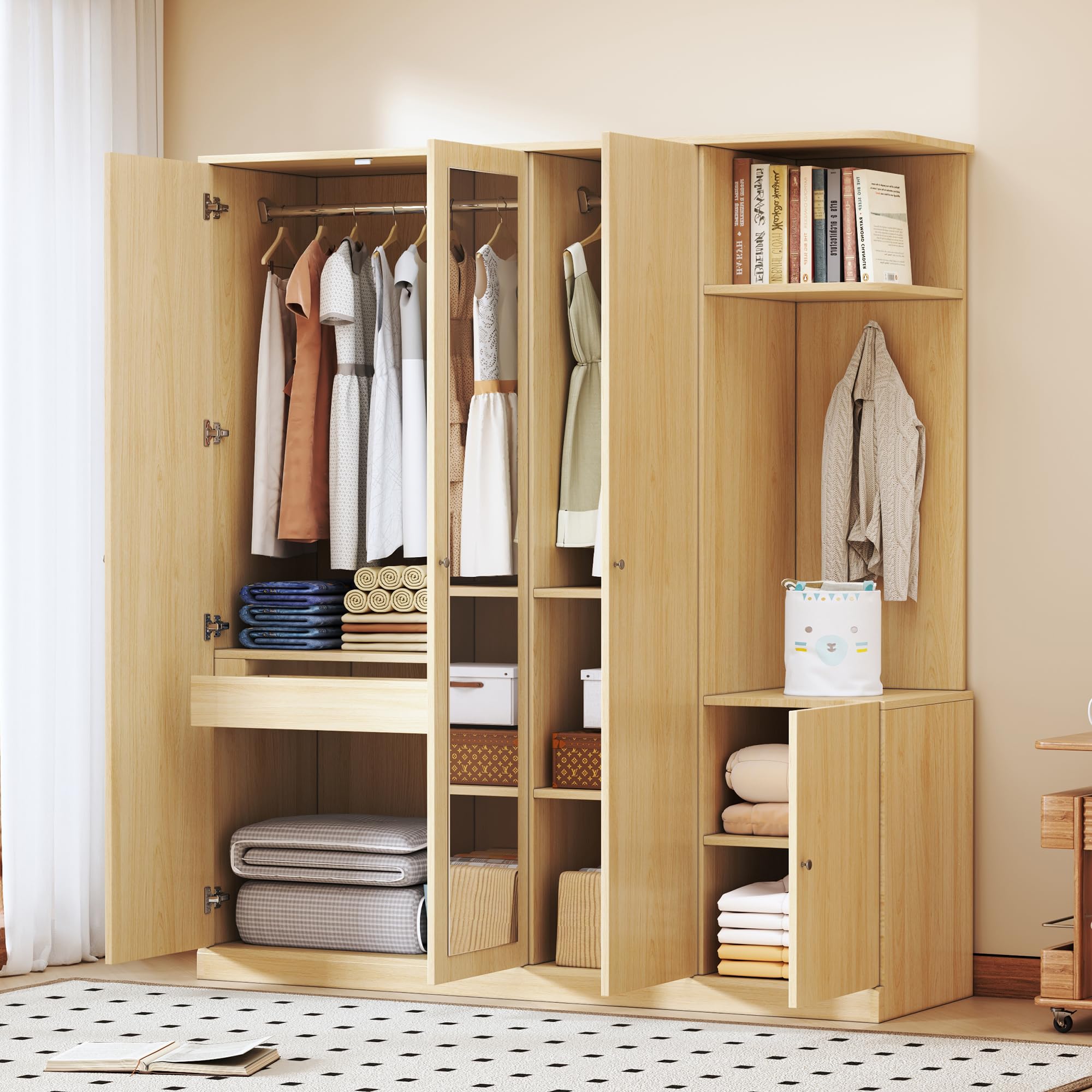 Quarte 4-Door Wardrobe with Full-Length Mirror, Shoe Storage & Anti-Tip Design, Modern Closet Organizer in White/Gray/Natural Wood (Natural/nn)
