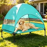 Outdoor Dog Bed with Canopy & Stakes, Elevated Pet Cot for Large Breeds | UV-blocking Canopy, Breathable Teslin Mesh, Galvanized Steel Legs & Fiberglass Poles; Quick-dry Comfort for Patios Camping