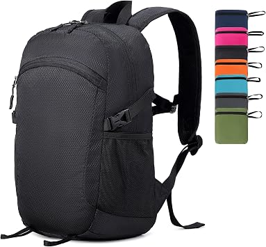 Lightweight Hiking Backpack 18L Packable Foldable Small Daypack Collapsible Travel Bag Water-Resistant for Women Men Black