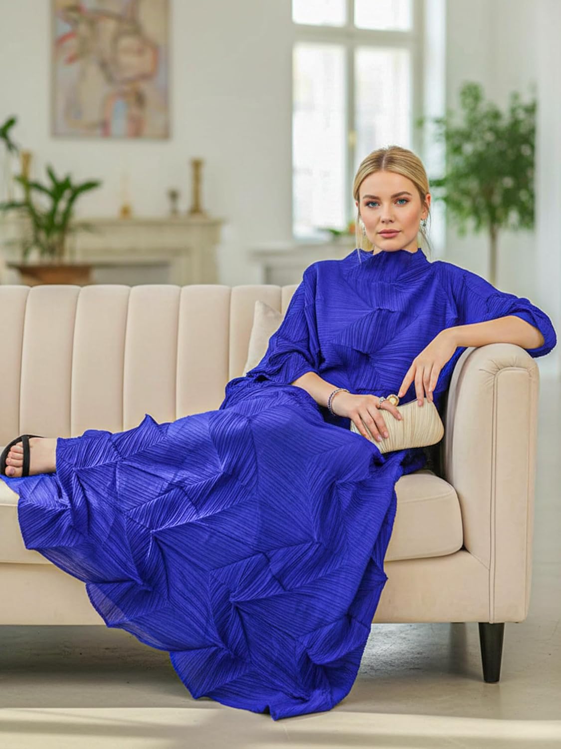 Plus Size Dresses for Women Round Neck Half Sleeve Wrinkle-Free One Size Casual Pleated Design Dresses - Image 5