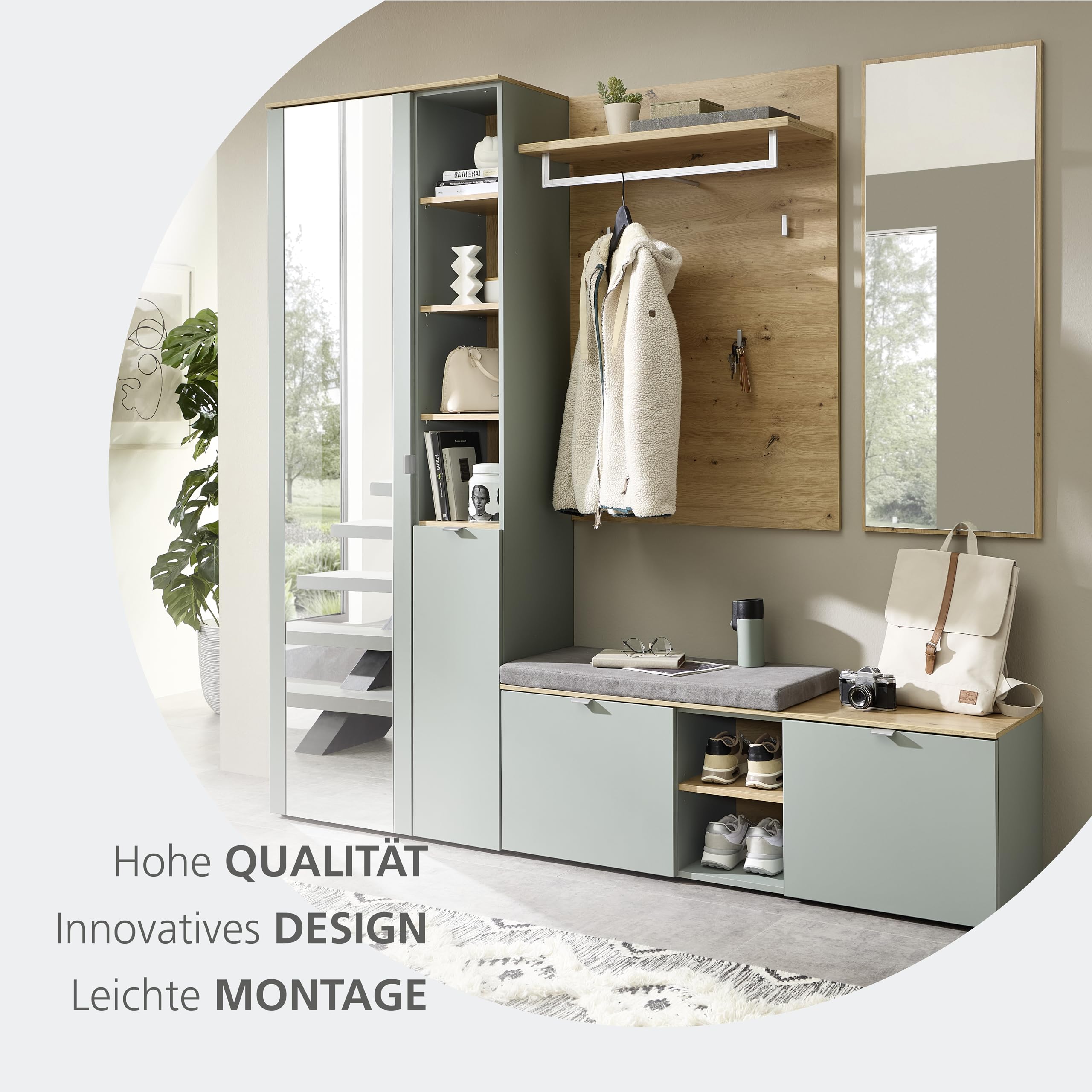 BARI Garderobenschrank mit Spiegel in Schilfgrün, Artisan Eiche Optik FSC-zertifiziert - Moderner Flurgarderoben Schrank mit viel Stauraum - 78 x 202 x 38 cm (B/H/T)