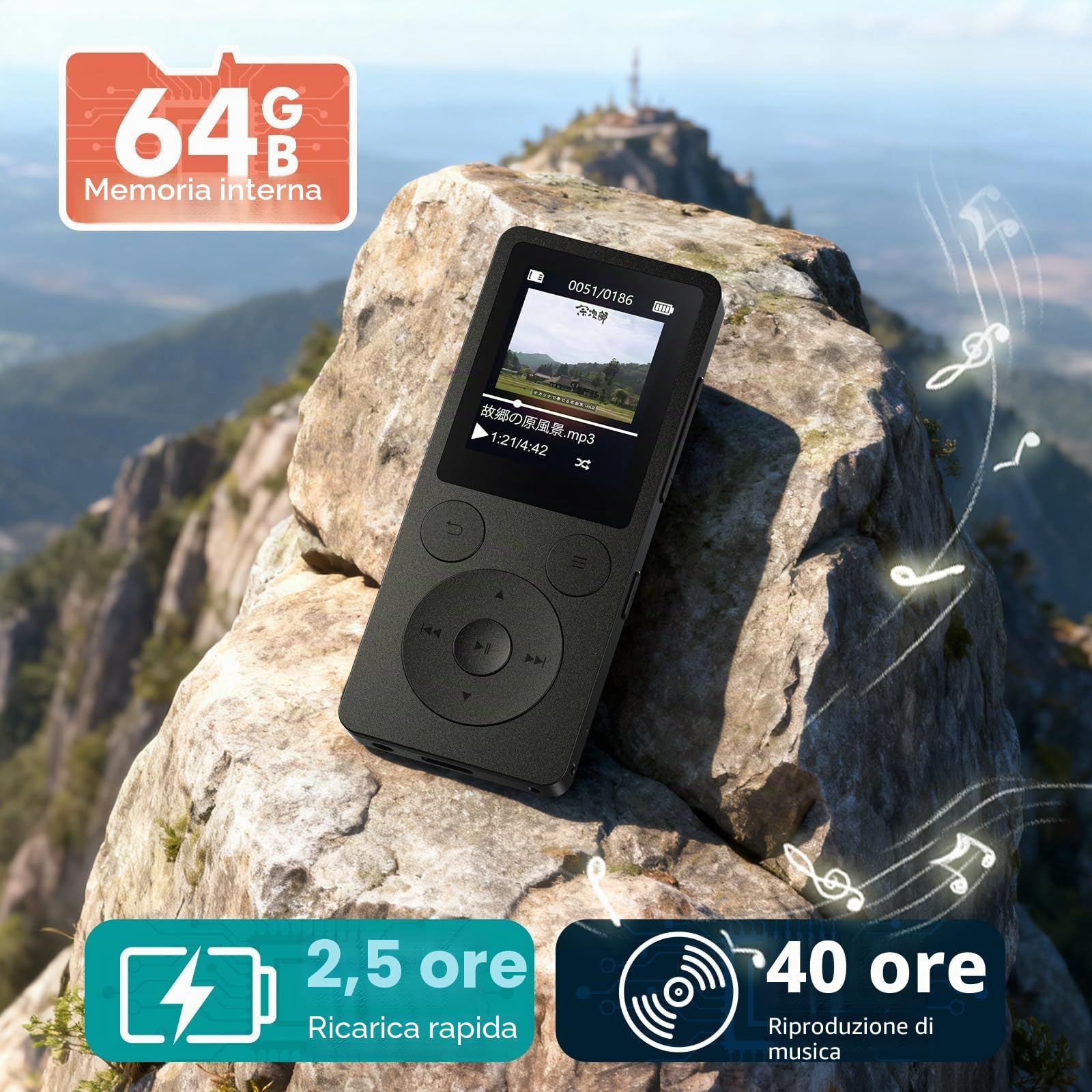 64GB Lettore MP3 Bluetooth 5.3 & Altoparlante – Aggiornamento con Tasti Fisici (Indietro, Menu, Volume), Solo 37g con Cuffie, Radio FM, Registratore Vocale, Design Mini, Espandibile fino a 128GB