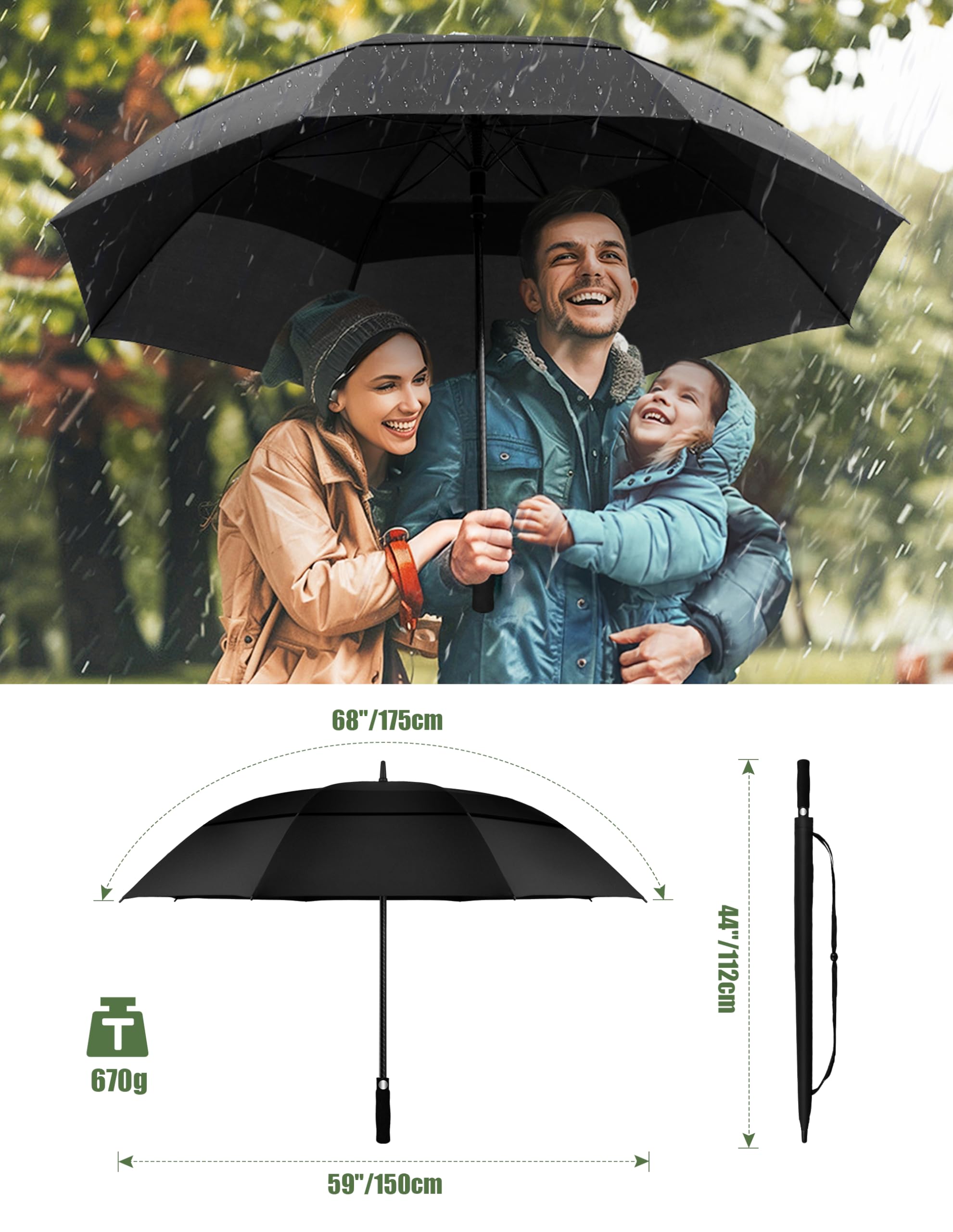 TECKNET Golfschirm groß, 68 Zoll, winddicht, starkes Doppeldach, belüftet, automatisches Öffnen mit EVA-Griff, Outdoor-Sonne, Regen, Windschutz, Stockschirme (Schwarz)