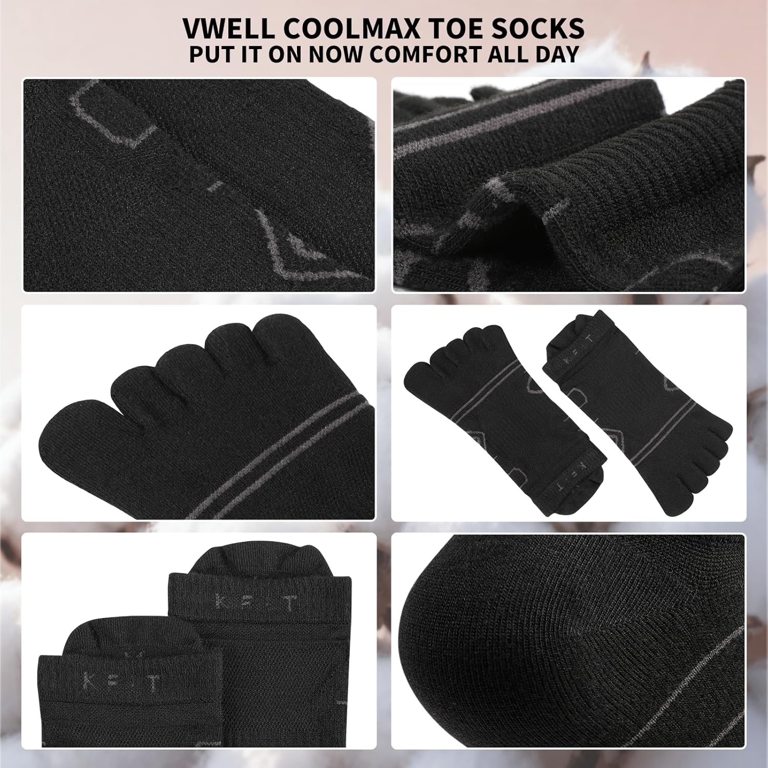 Kfit Toe Socks for Men Women COOLMAX Running Five Finger Socks Ankle Athletic Quick Dry Breathable Anti-Blisters 3 Pairs