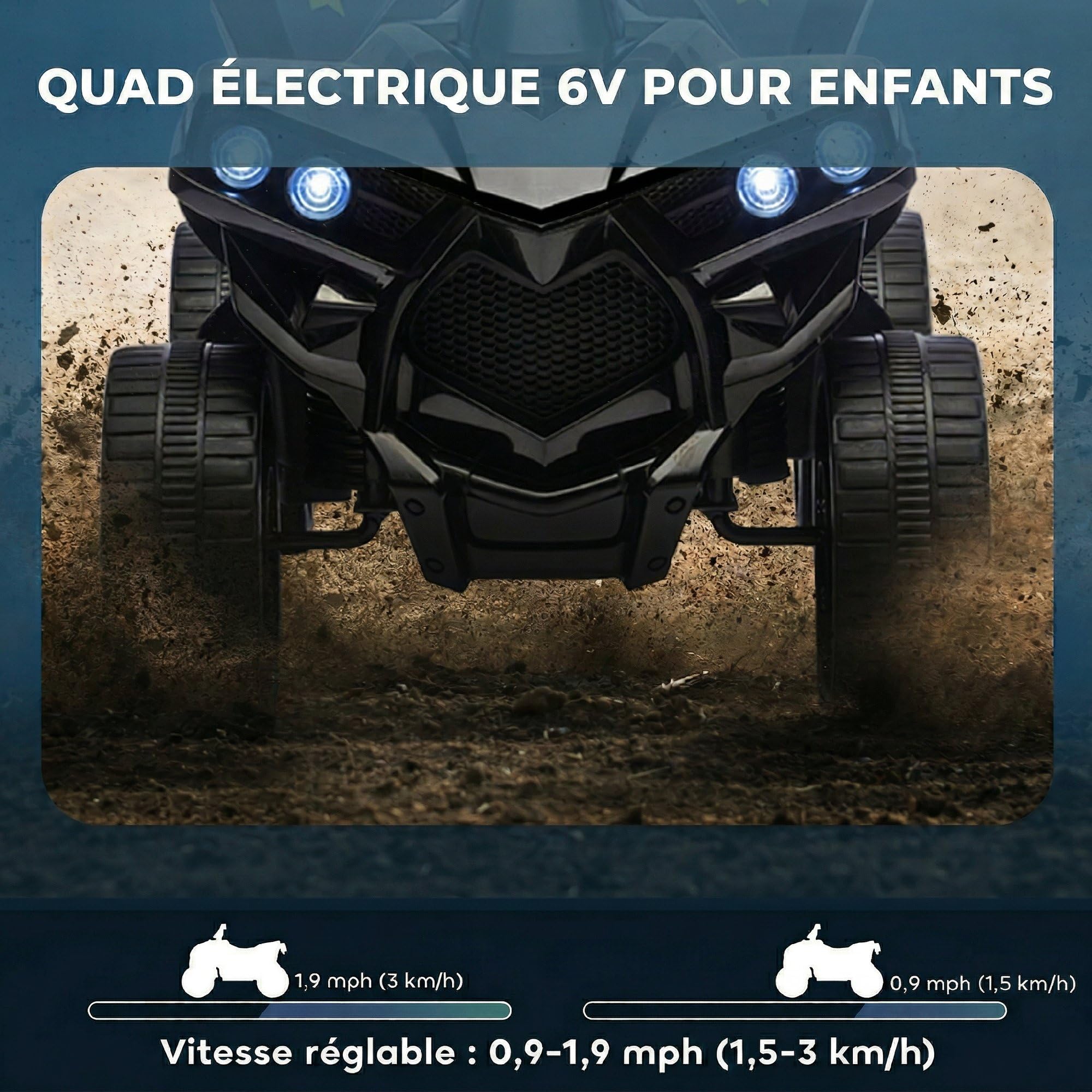 AIYAPLAY Quad Électrique Enfant 6V Musique et Phares LED 1,5-3 km/h Noir
