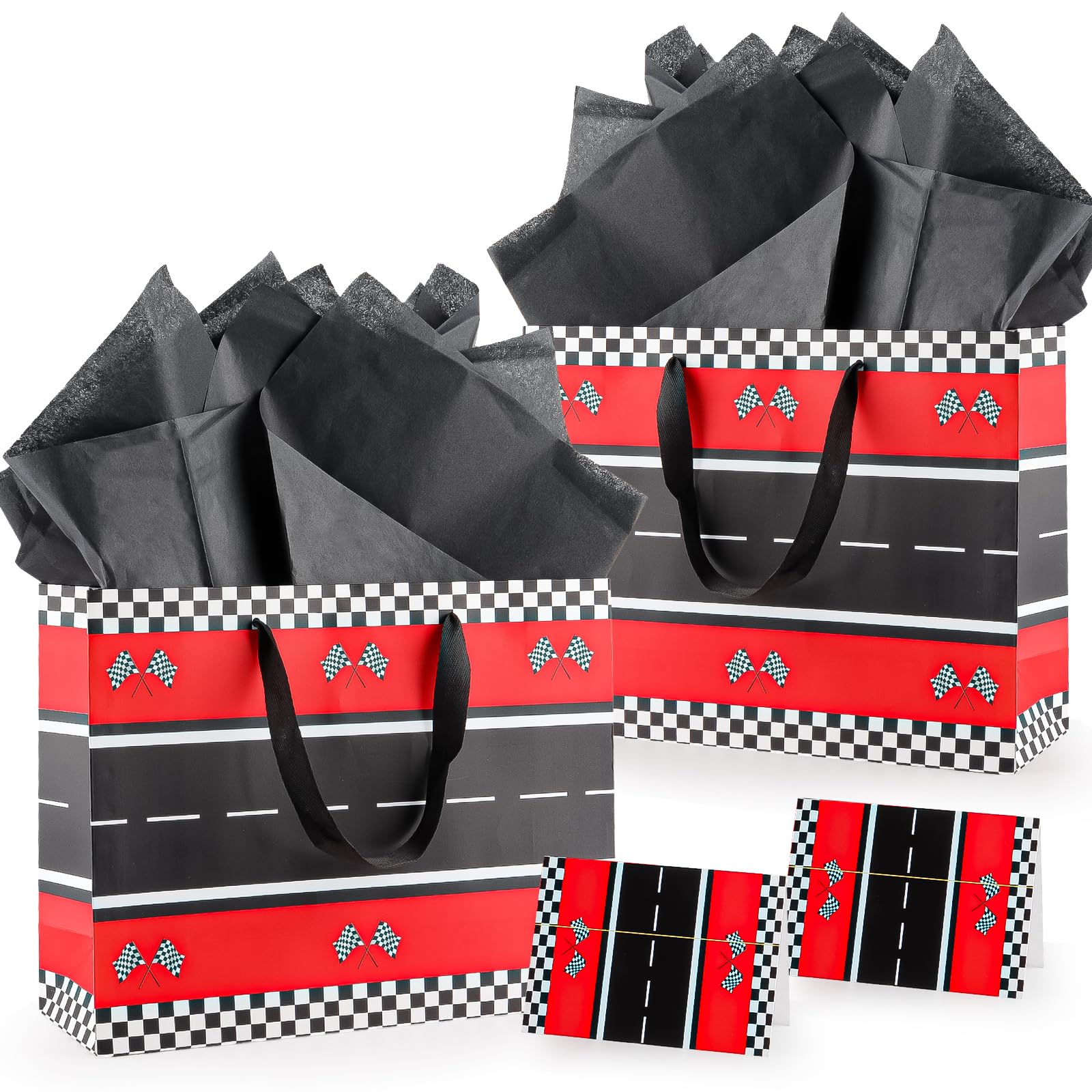 2 Pack Gift Bags Large for Present, Racing car Theme Birthday Gift Bag for boys with Tissue Paper and Greeting Cards, Present Bag with Handles for Baby Shower Birthday Party Supplies, 32x25x11cm โ image 1