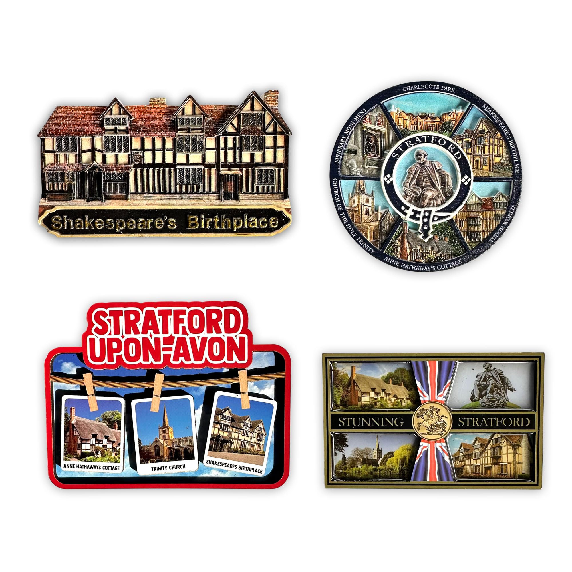 LILAJ Stratford-upon-Avon Resin & Wood 3D Fridge Magnets Set of 4 Souvenirs Featuring Shakespeare's Birthplace, Anne Hathaway’s Cottage, Trinity Church & Stunning Stratford UK tourists and collectors