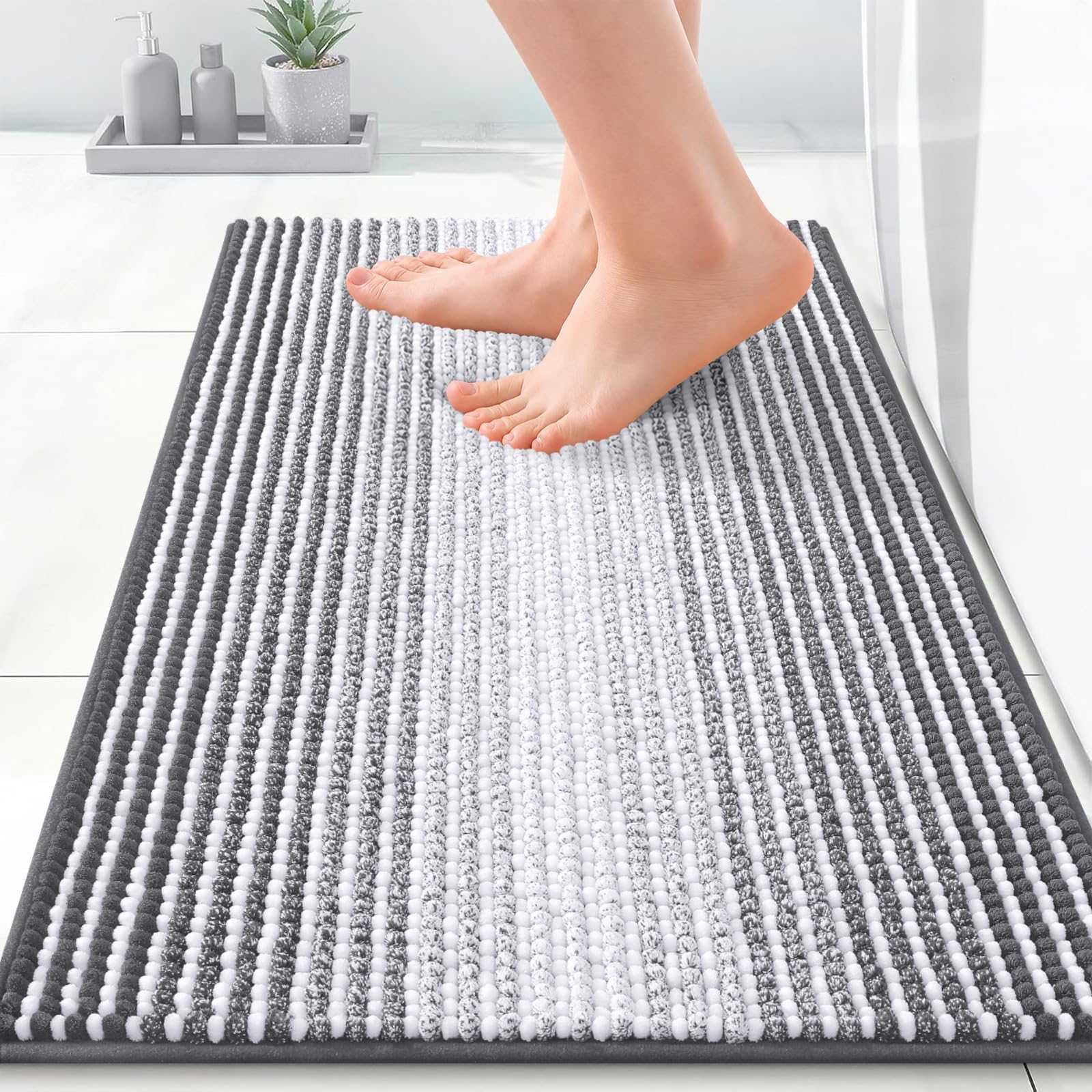 OLANLY Small Bathroom Rugs 24x16, Soft Chenille Striped Bath Rugs, Grey